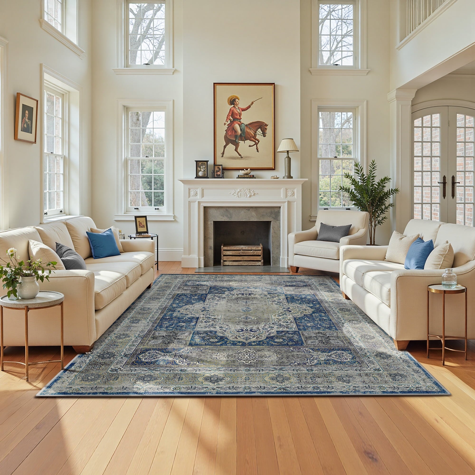 5'x7' Area Rugs for Living Room, Machine Washable No-Pile Non-Slip Soft Vintage Rugs, Indoor Print Bohemian Distressed Carpet, Blue