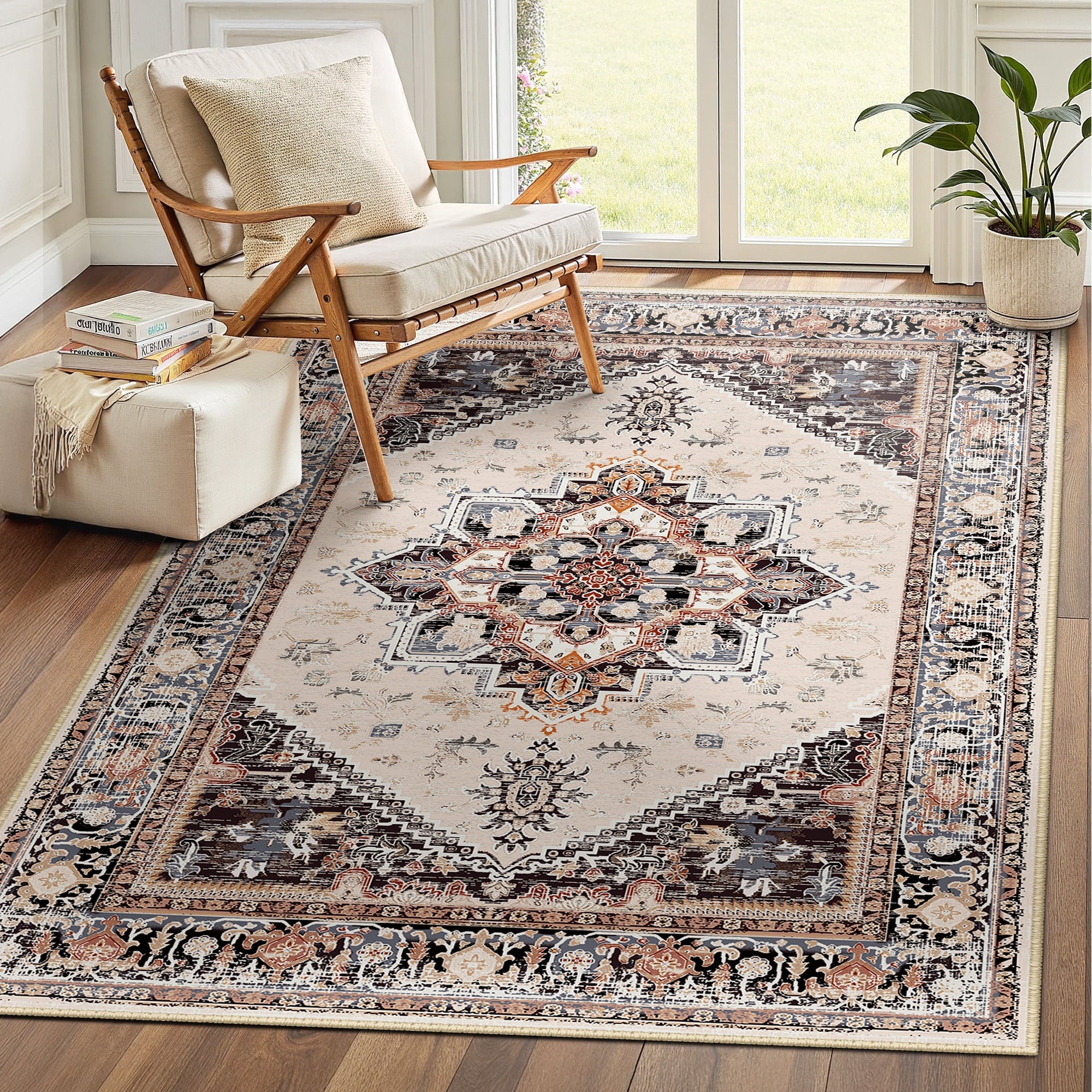 Area Rug 4'x6' Washable, Non Slip Stain Resistant Low Pile Soft Carpet, Vintage Print Pattern Rug for Living Room, Khaki