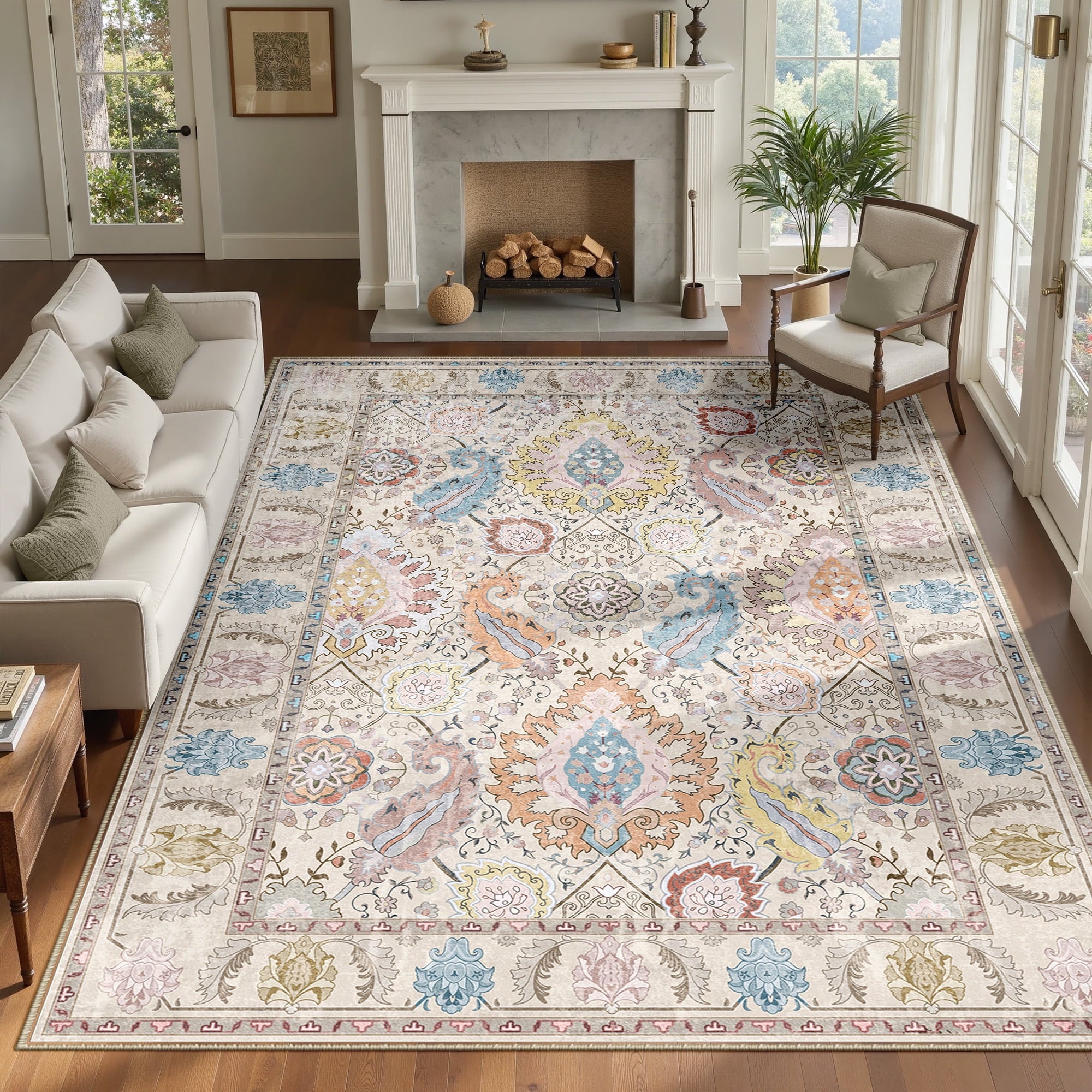 Boho Area Rug 8'x10', Machine Washable Non-Slip Vintage Bohemian Carpet, Indoor Soft Stain Resistant Low Pile Rug for Living Room, Cream