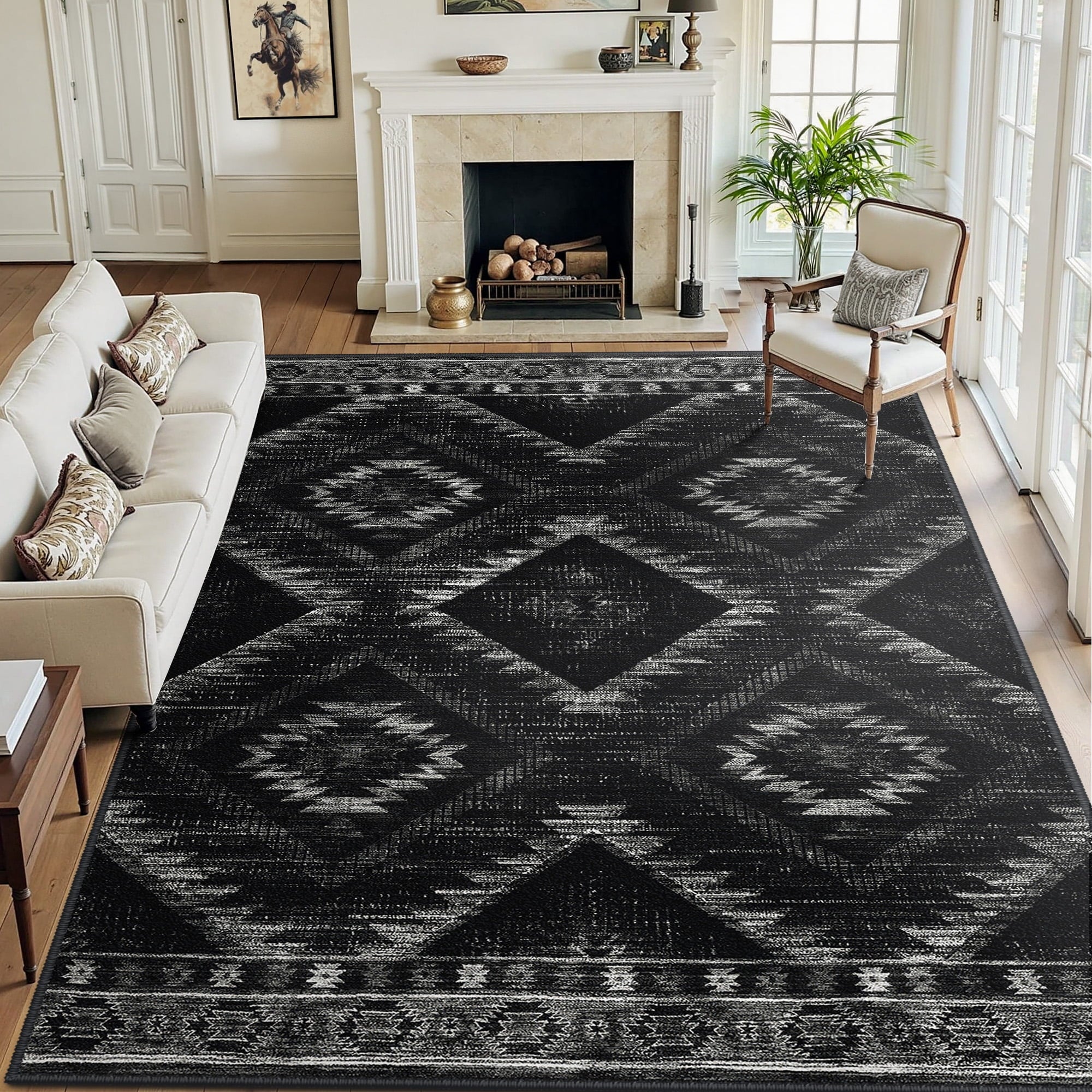 NewBuros 9'x12' Area Rugs for Living Room, Machine Washable Non-Slip Rugs, Low Pile Print Pattern Vintage Distressed Moroccan Western Carpet, Black