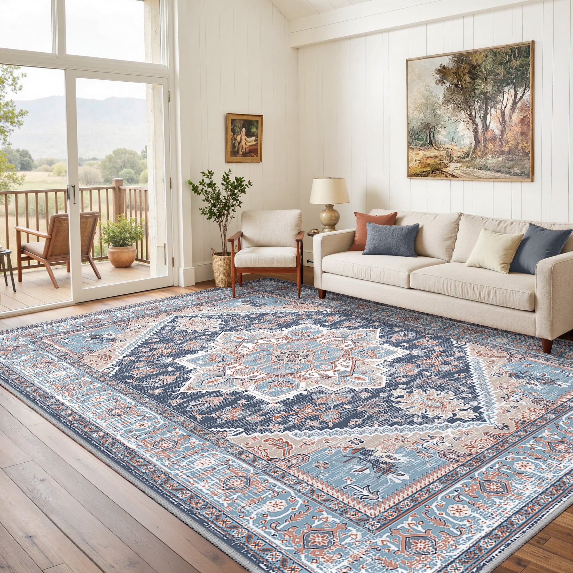 Area Rug 6'x9' Washable, Non Slip Stain Resistant Low Pile Soft Carpet, Vintage Print Pattern Rug for Living Room, Navy