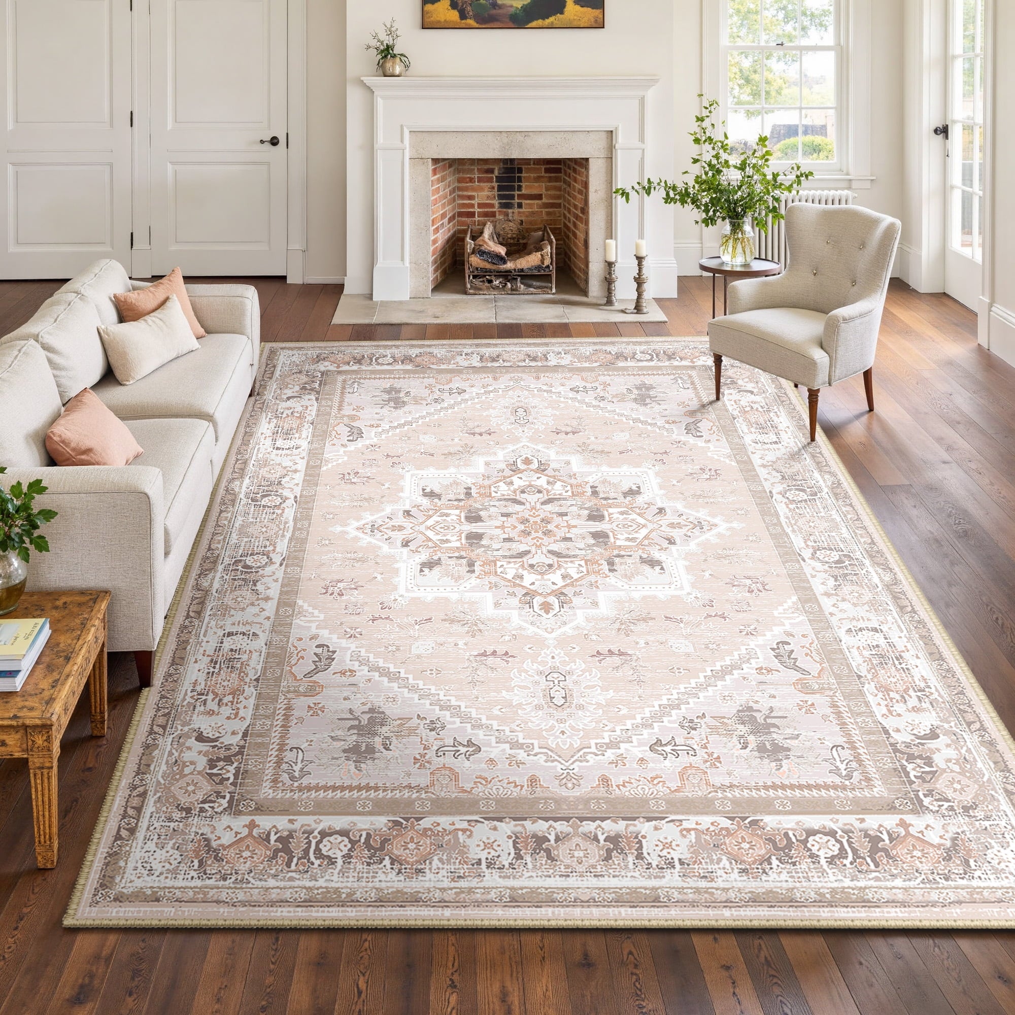 Area Rug 8'x10' Washable, Non Slip Stain Resistant Low Pile Soft Carpet, Vintage Print Pattern Rug for Living Room, Pink