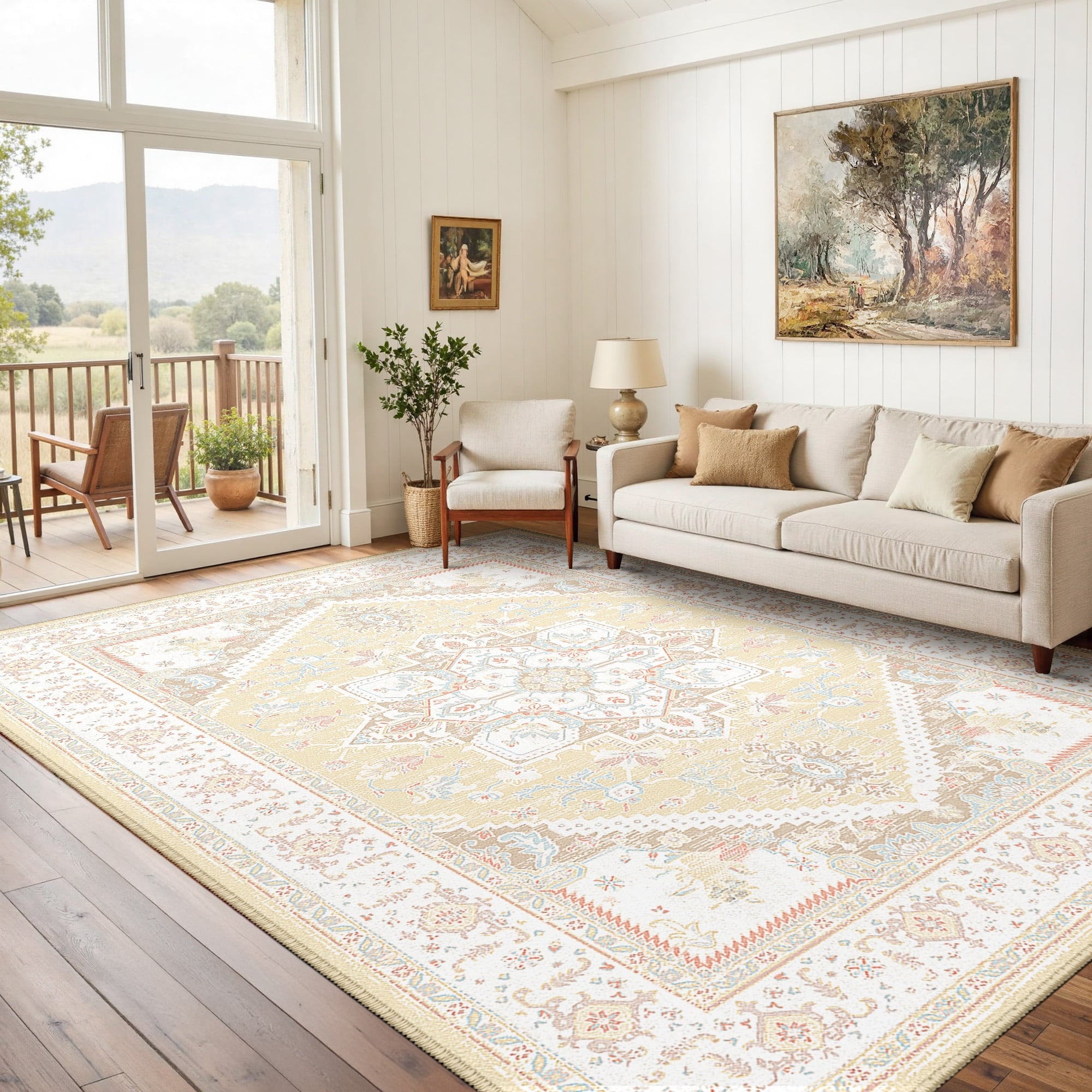 Area Rug 6'x9' Washable, Non Slip Stain Resistant Low Pile Soft Carpet, Vintage Print Pattern Rug for Living Room, Cream