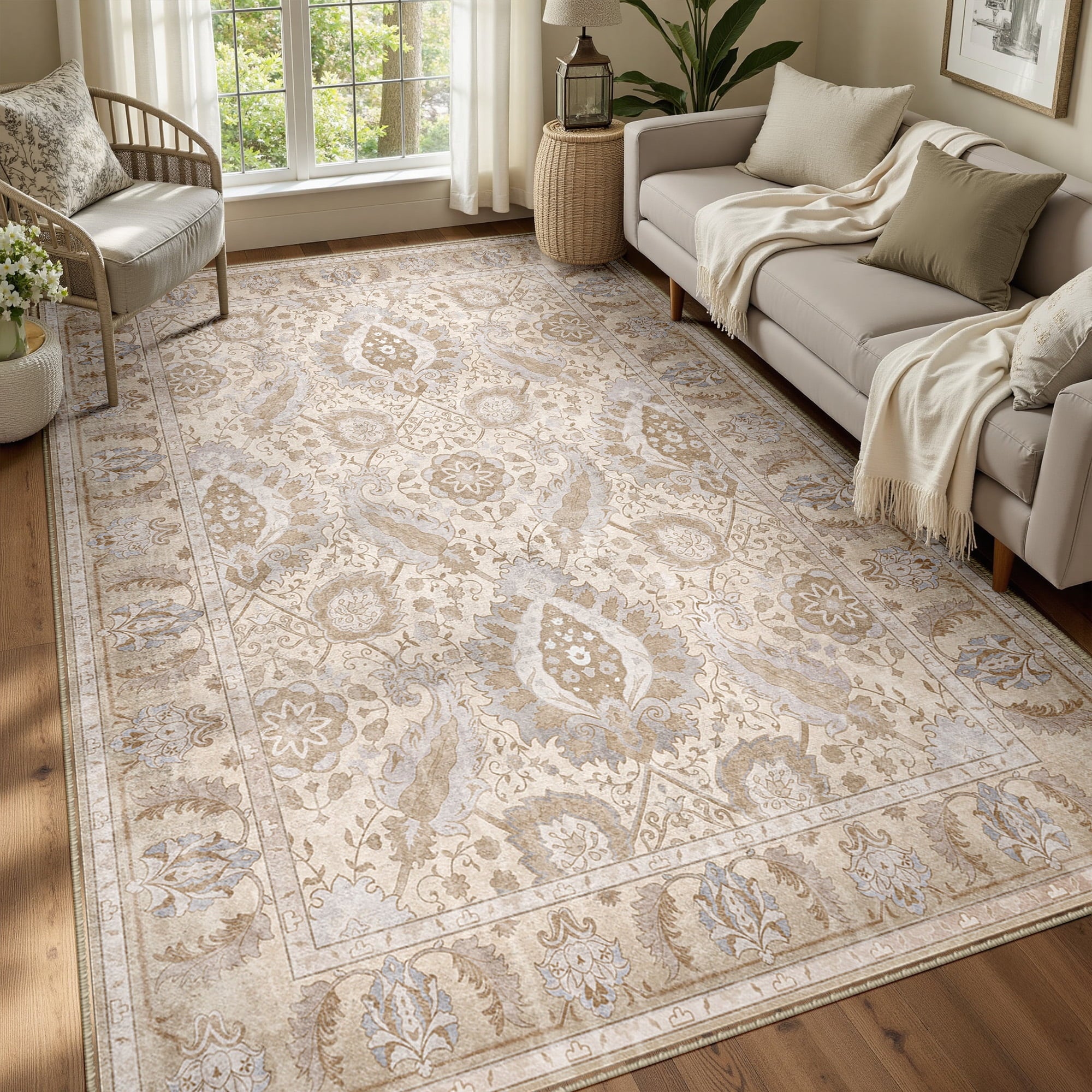 Boho Area Rug 5'x7', Machine Washable Non-Slip Vintage Bohemian Carpet, Indoor Soft Stain Resistant Low Pile Rug for Living Room, Khaki
