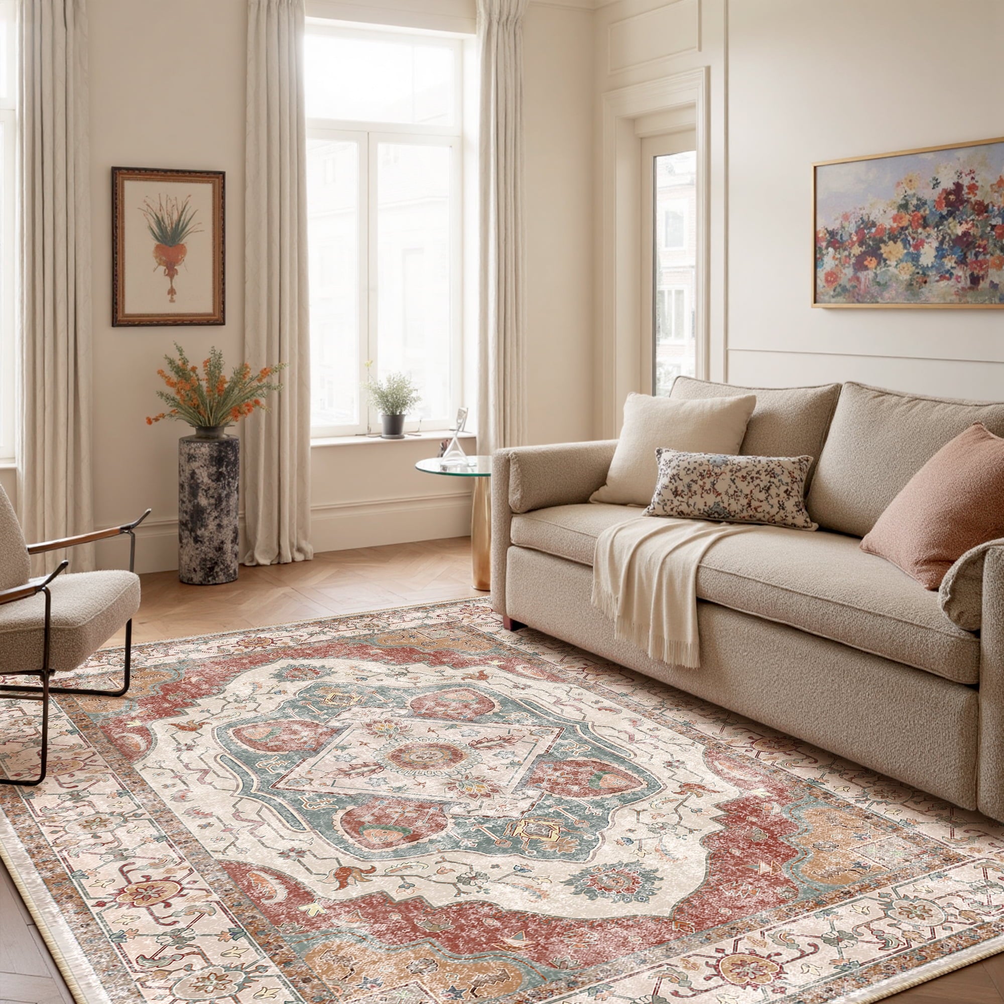 5'x7' Area Rug, Machine Washable Vintage Tribal Low Pile Indoor Carpet, Stain Resistant Non-Slip No-Shedding Soft Area Rugs for Living Room, Brick Red