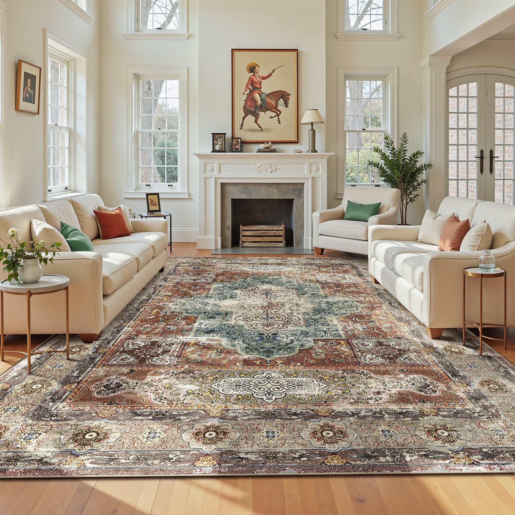 9'x12' Area Rugs for Living Room, Machine Washable No-Pile Non-Slip Soft Vintage Rugs, Indoor Print Bohemian Distressed Carpet, Brick Red