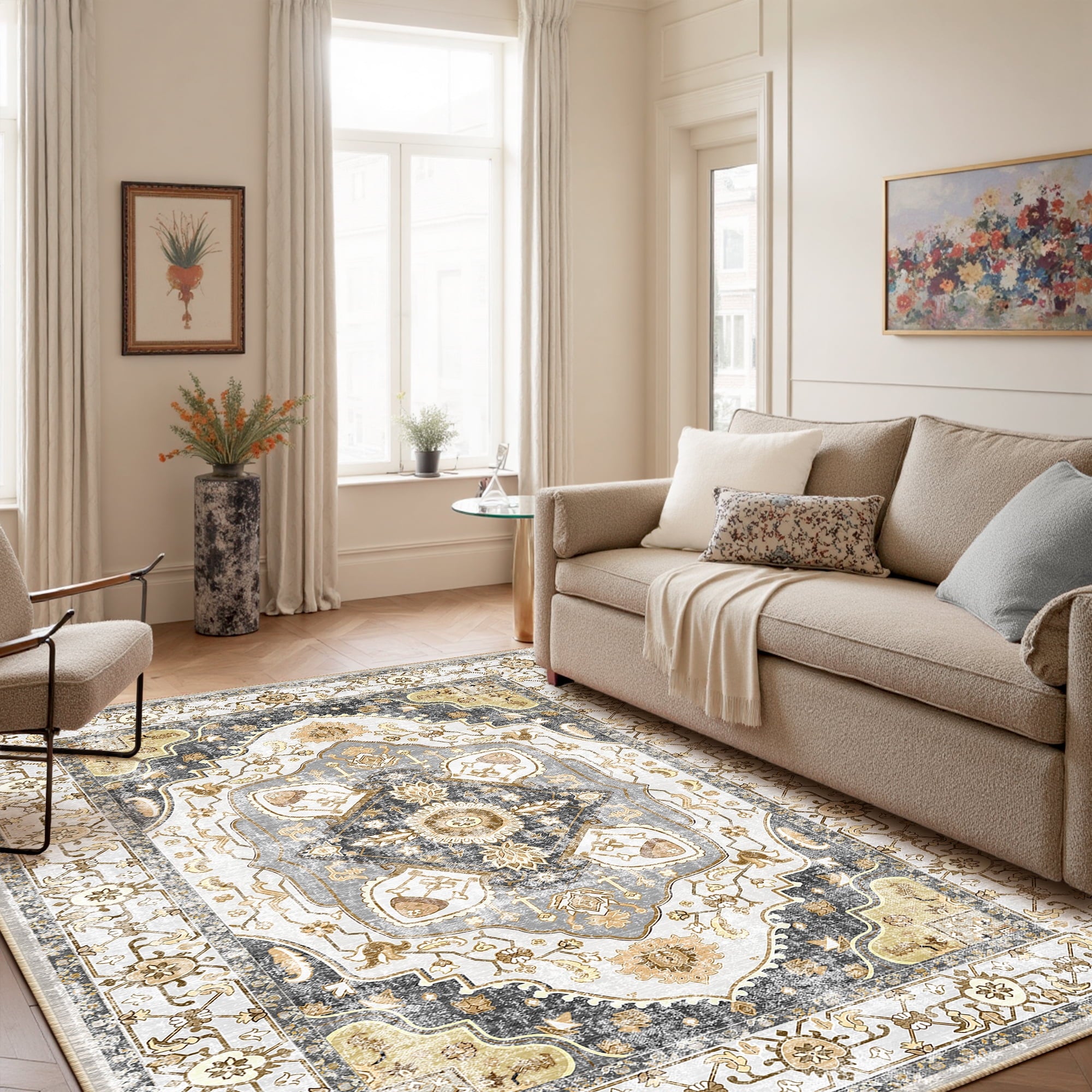 5'x7' Area Rug, Machine Washable Vintage Tribal Low Pile Indoor Carpet, Stain Resistant Non-Slip No-Shedding Soft Area Rugs for Living Room, Gray & Yellow