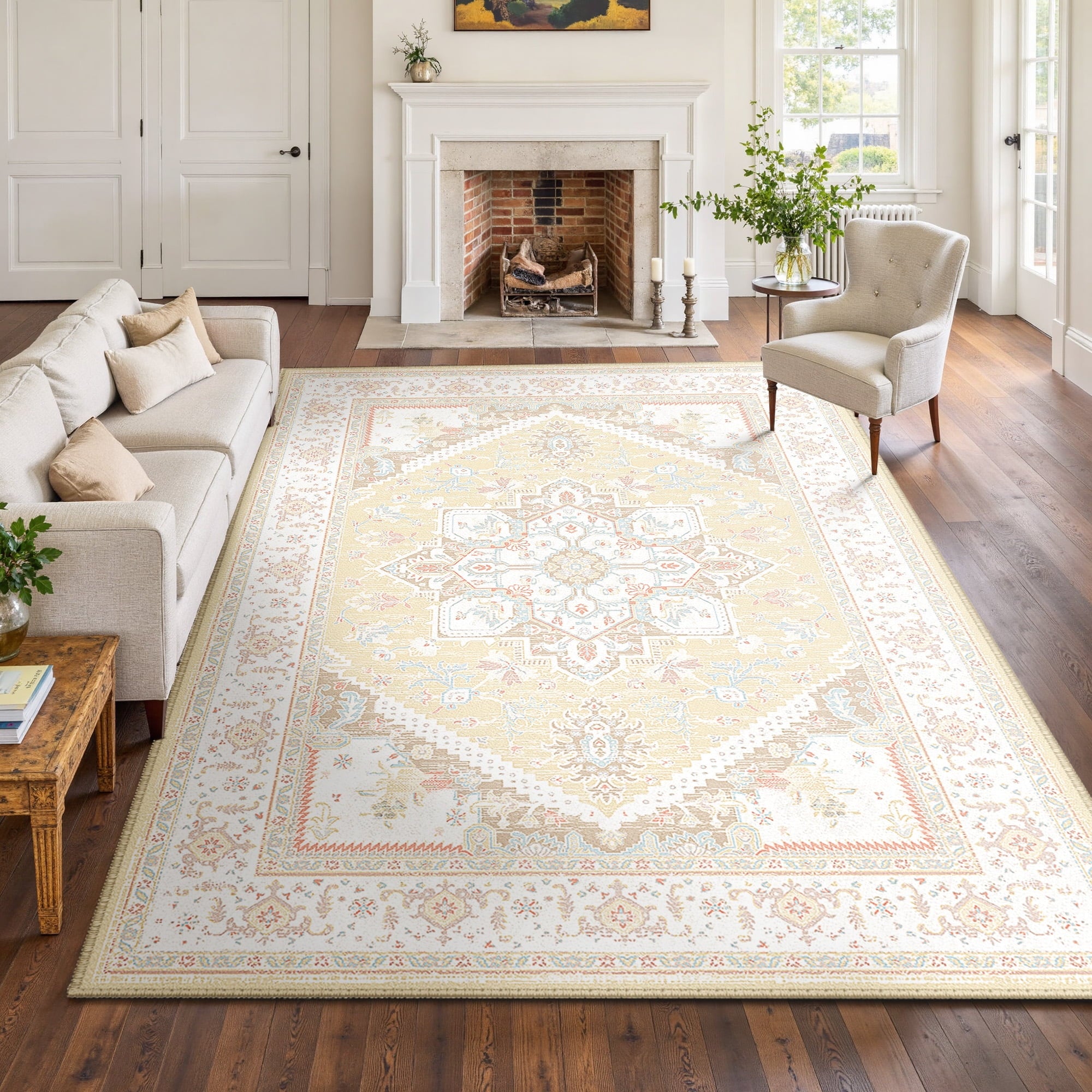 Area Rug 8'x10' Washable, Non Slip Stain Resistant Low Pile Soft Carpet, Vintage Print Pattern Rug for Living Room, Cream