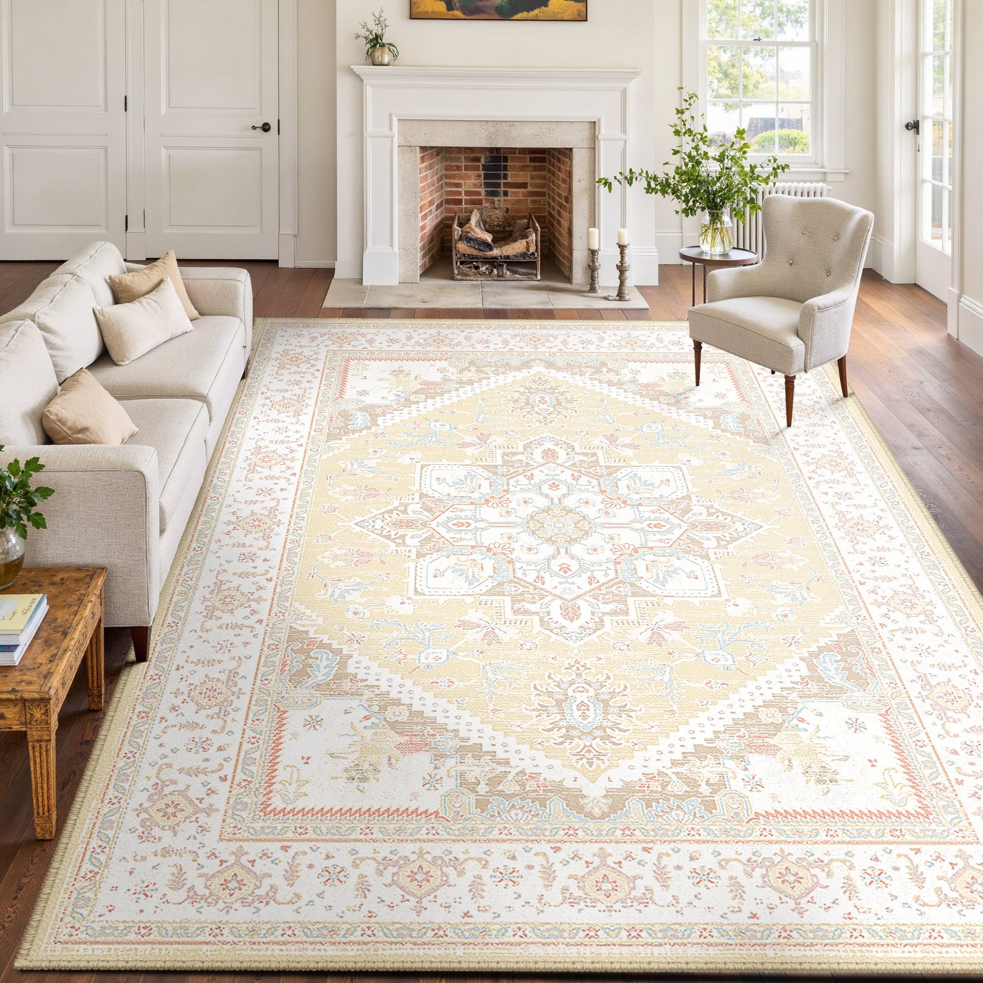 Area Rug 9'x12' Washable, Non Slip Stain Resistant Low Pile Soft Carpet, Vintage Print Pattern Rug for Living Room, Cream