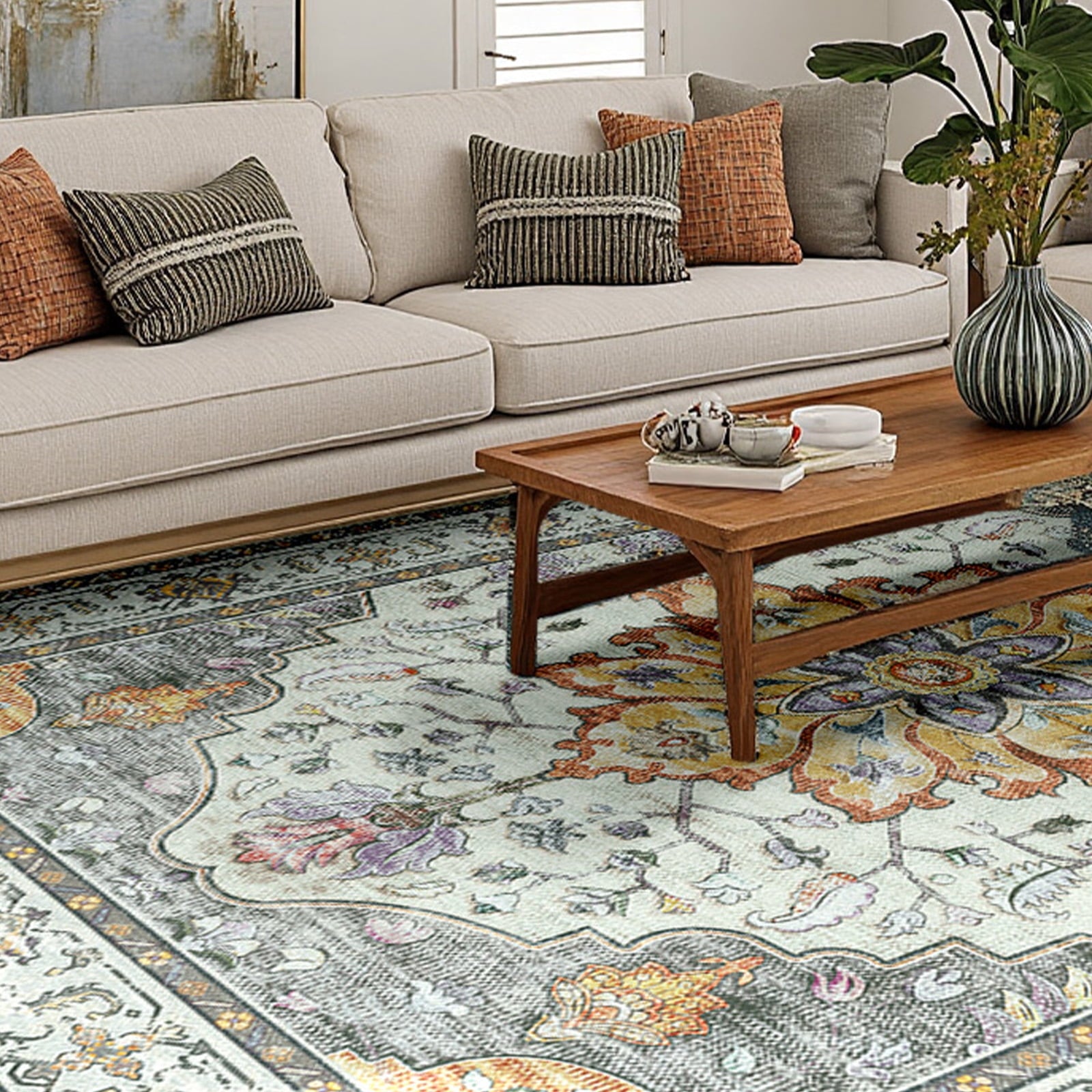 NewBuros Area Rugs 4'x6', Machine Washable Non-Slip Rug for Living Room Bedroom, Low Pile Floral Vintage Distress Print Pattern Medallion Carpet, Light Yellow Gray