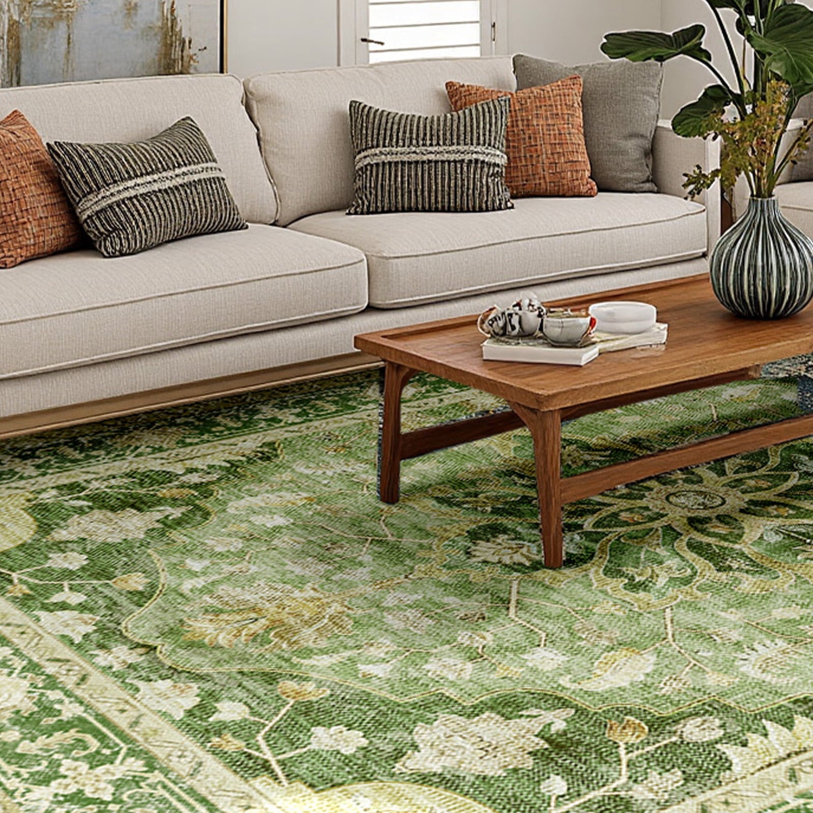NewBuros Area Rugs 8'x10', Machine Washable Non-Slip Rug for Living Room Bedroom, Low Pile Floral Vintage Distress Print Pattern Medallion Carpet, Yellow Green