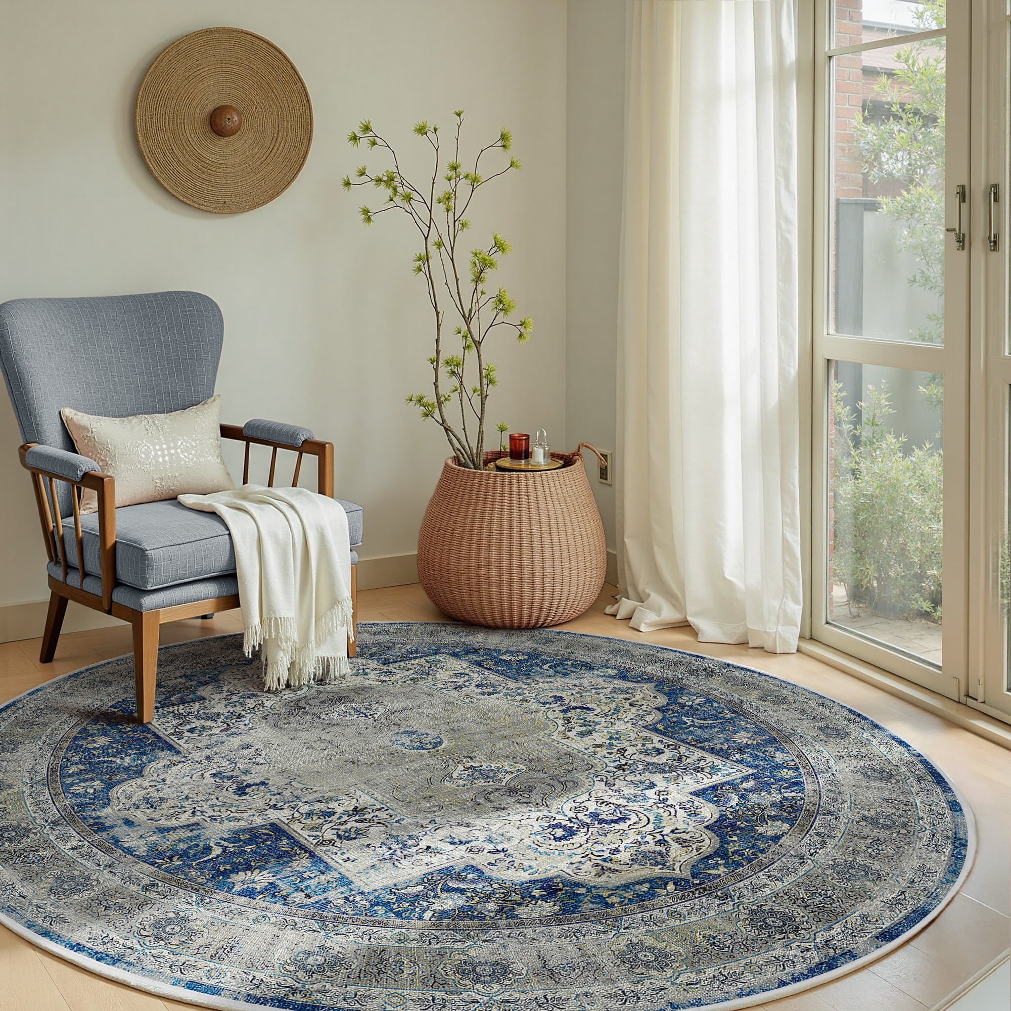 6FT Area Rugs for Living Room, Machine Washable No-Pile Non-Slip Soft Vintage Rugs, Indoor Print Bohemian Distressed Round Carpet, Blue
