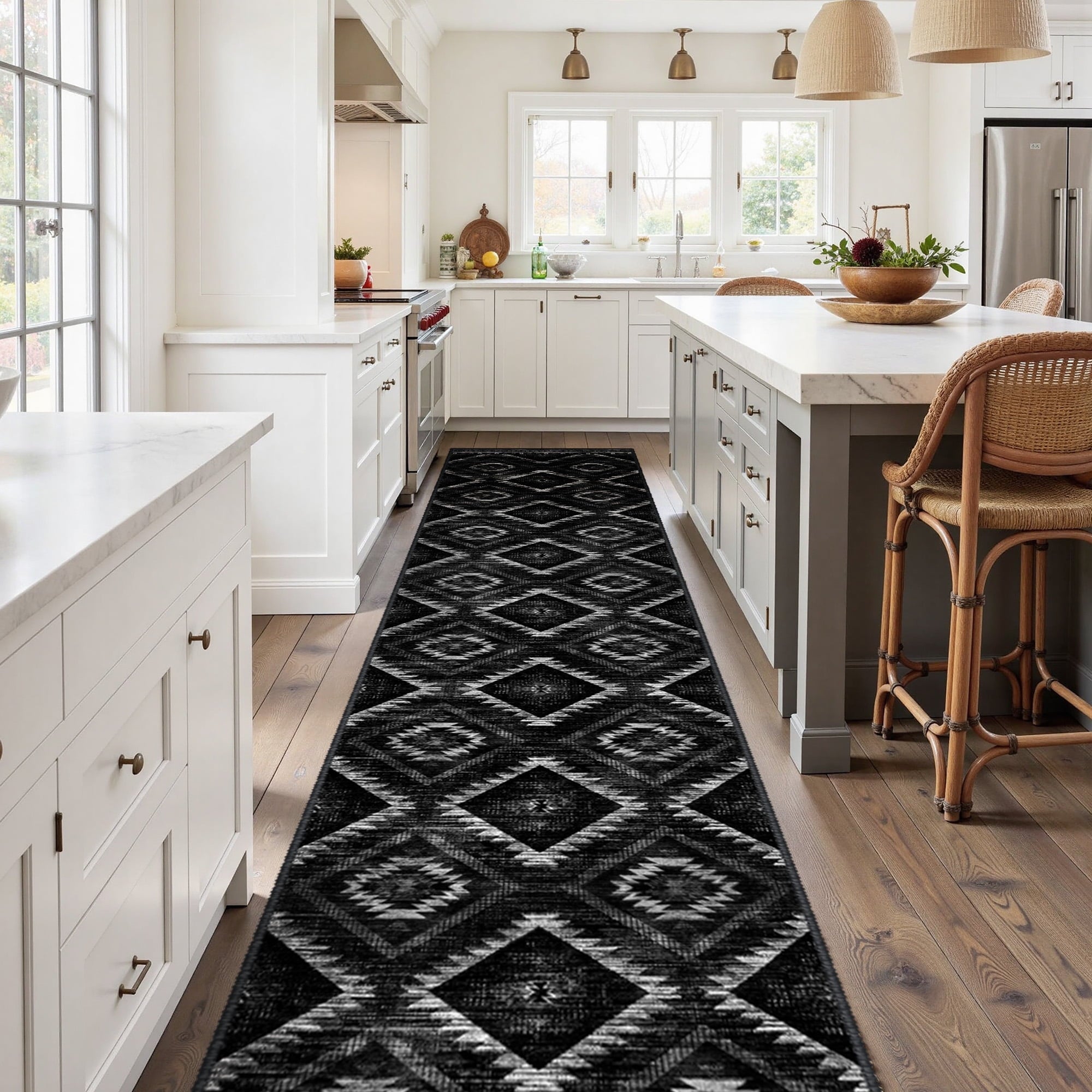 NewBuros 2'x10' Runner Rugs, Machine Washable Non-Slip Kitchen Rugs, Low Pile Print Pattern Vintage Distressed Moroccan Western Carpet for Hallway, Black