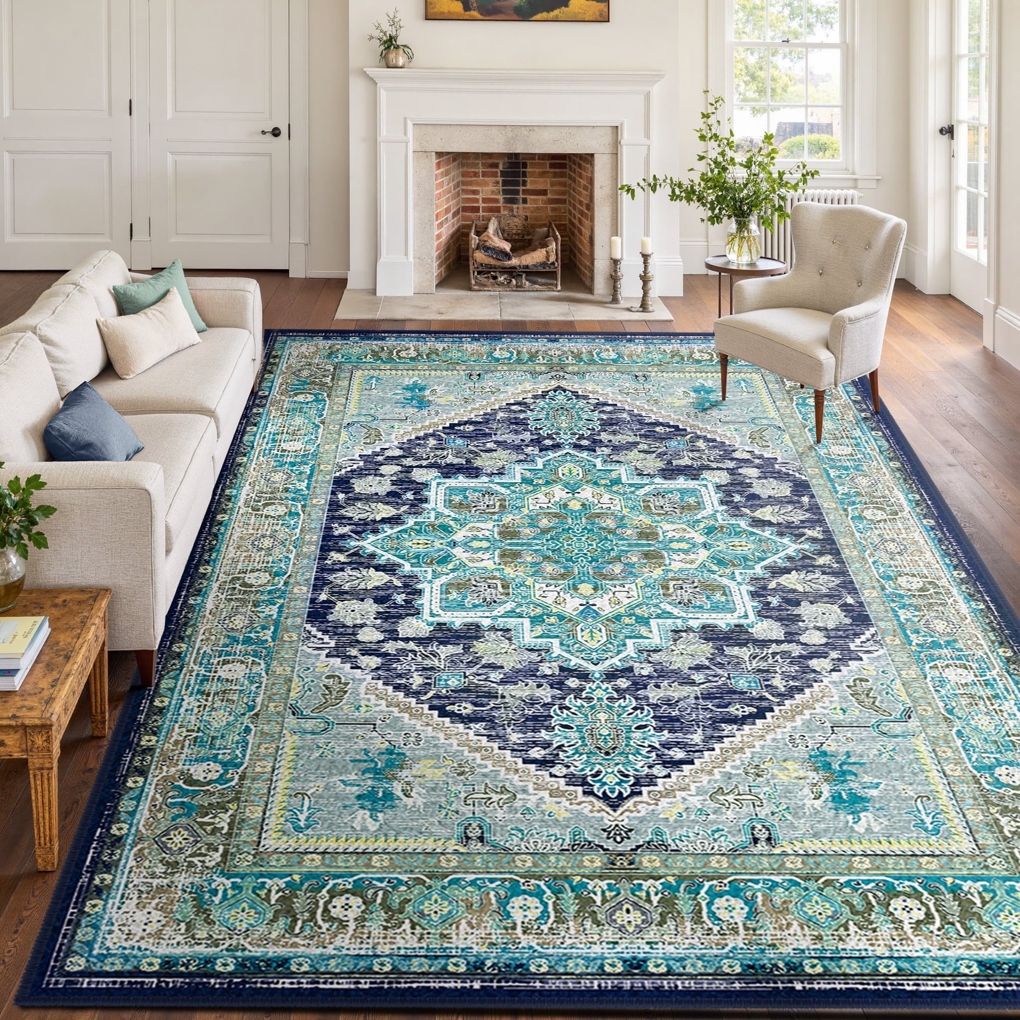 Area Rug 9'x12' Washable, Non Slip Stain Resistant Low Pile Soft Carpet, Vintage Print Pattern Rug for Living Room, Blue & Green
