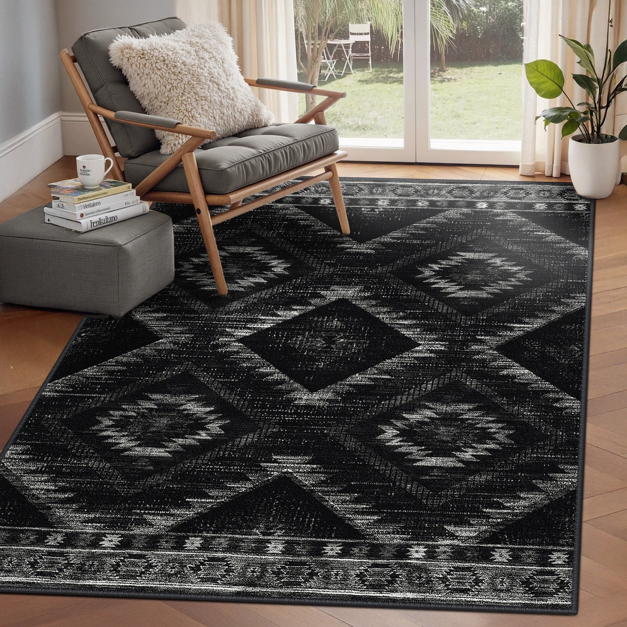 NewBuros 4'x6' Area Rugs for Living Room, Machine Washable Non-Slip Rugs, Low Pile Print Pattern Vintage Distressed Moroccan Western Carpet, Black