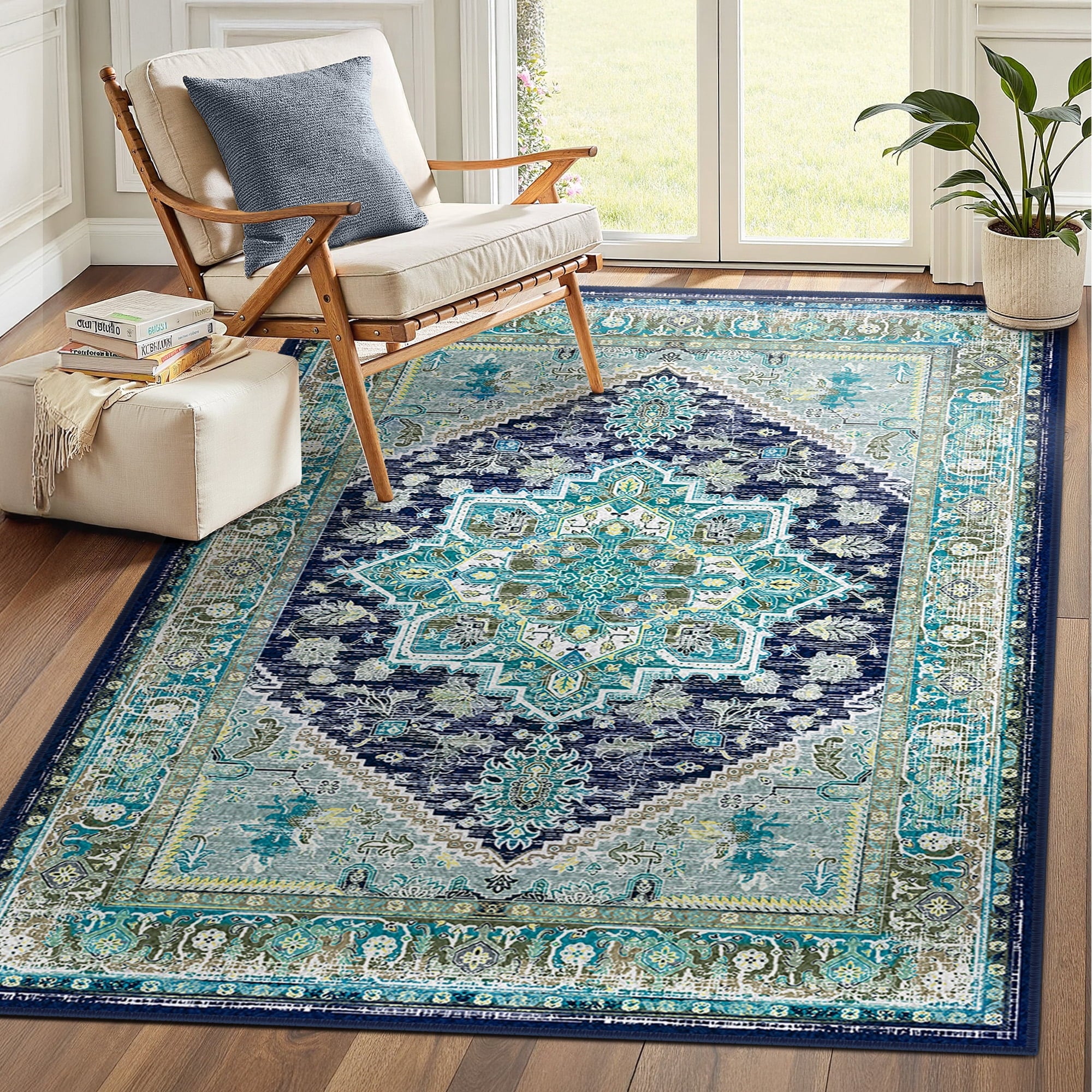 Area Rug 4'x6' Washable, Non Slip Stain Resistant Low Pile Soft Carpet, Vintage Print Pattern Rug for Living Room, Blue & Green