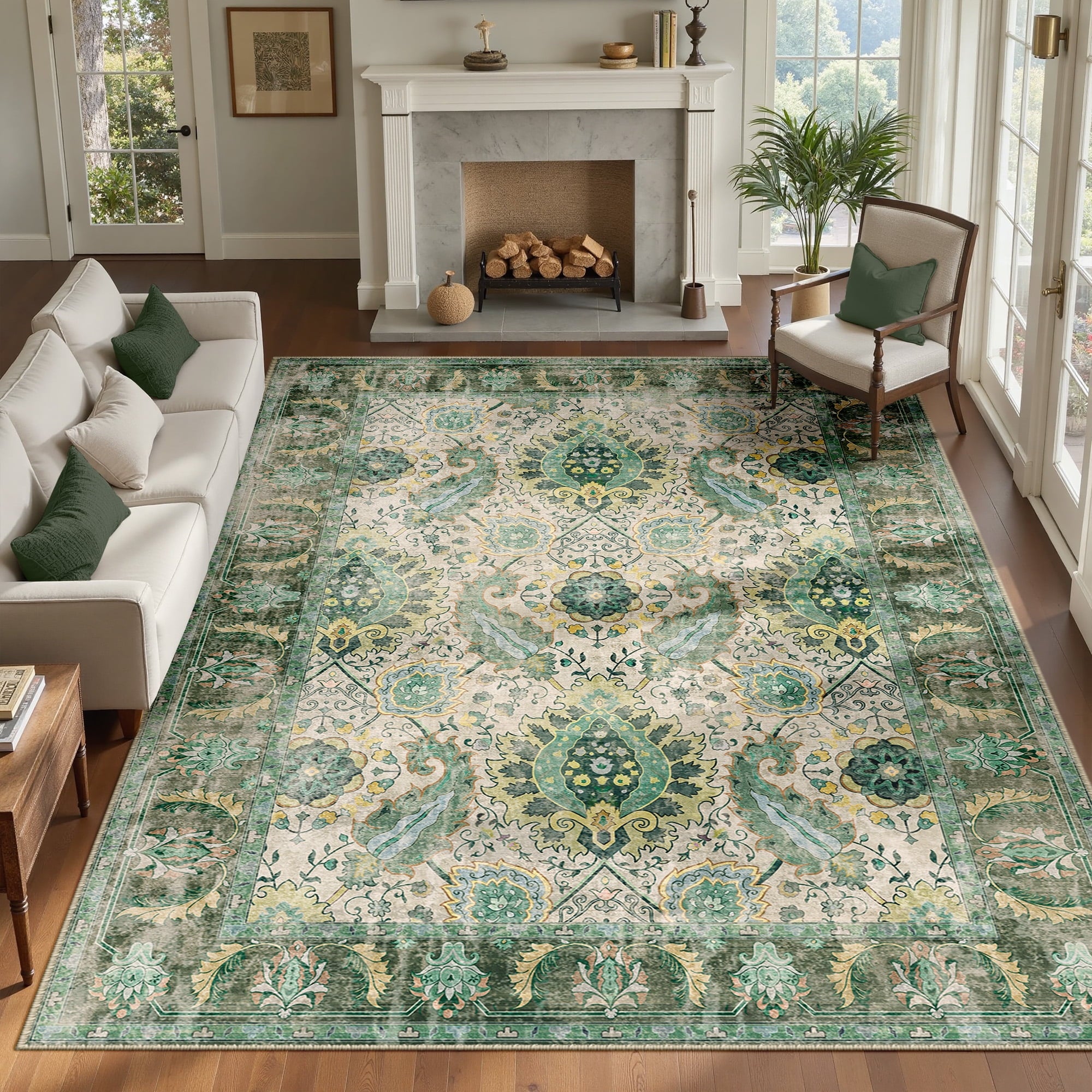 Boho Area Rug 8'x10', Machine Washable Non-Slip Vintage Bohemian Carpet, Indoor Soft Stain Resistant Low Pile Rug for Living Room, Light Green