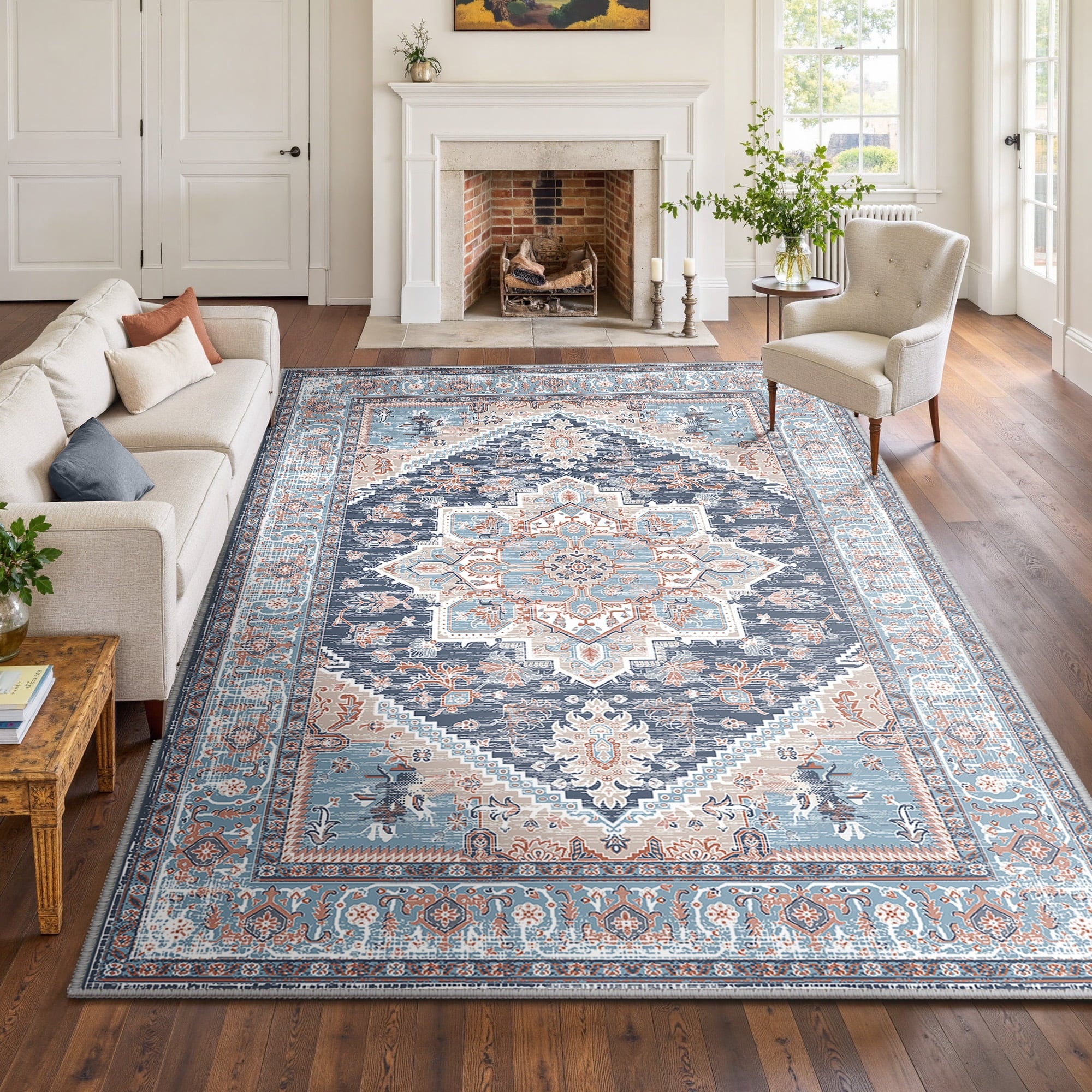 Area Rug 8'x10' Washable, Non Slip Stain Resistant Low Pile Soft Carpet, Vintage Print Pattern Rug for Living Room, Navy