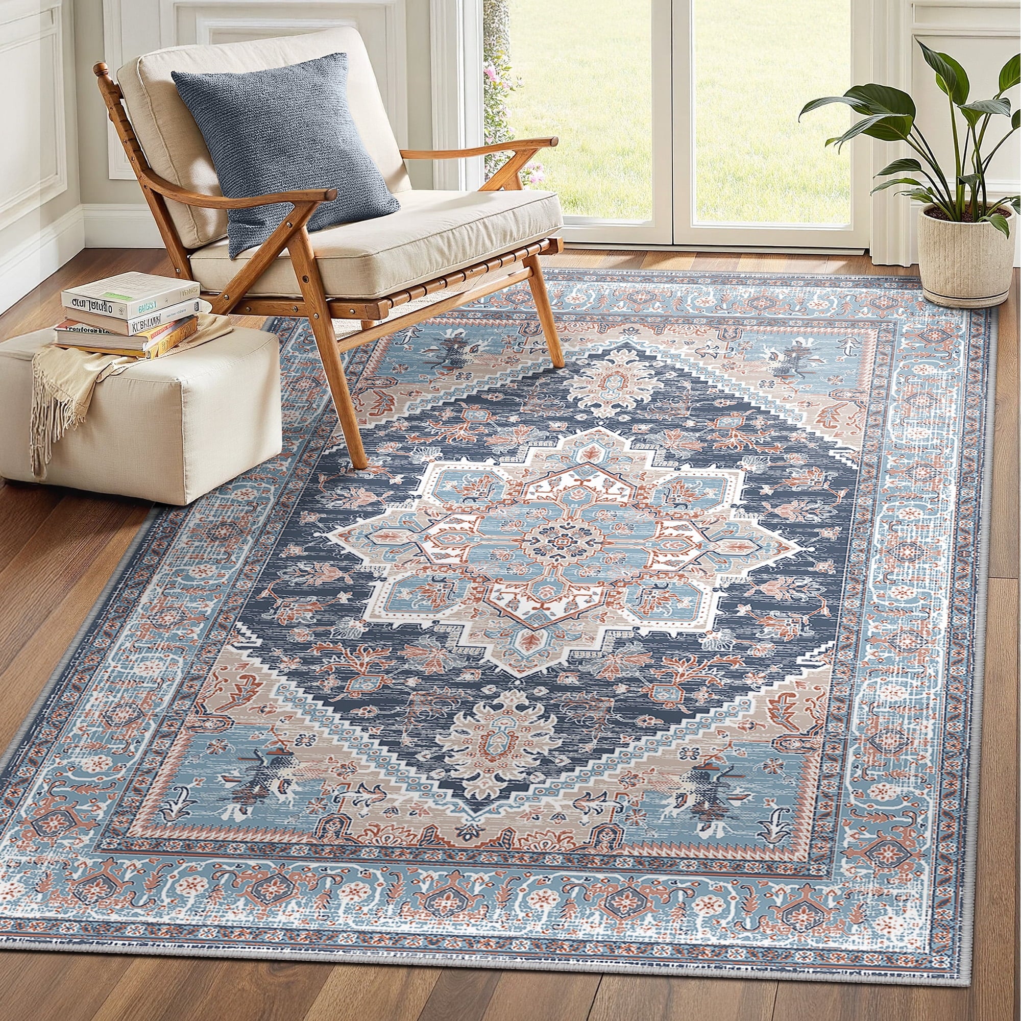 Area Rug 4'x6' Washable, Non Slip Stain Resistant Low Pile Soft Carpet, Vintage Print Pattern Rug for Living Room, Navy