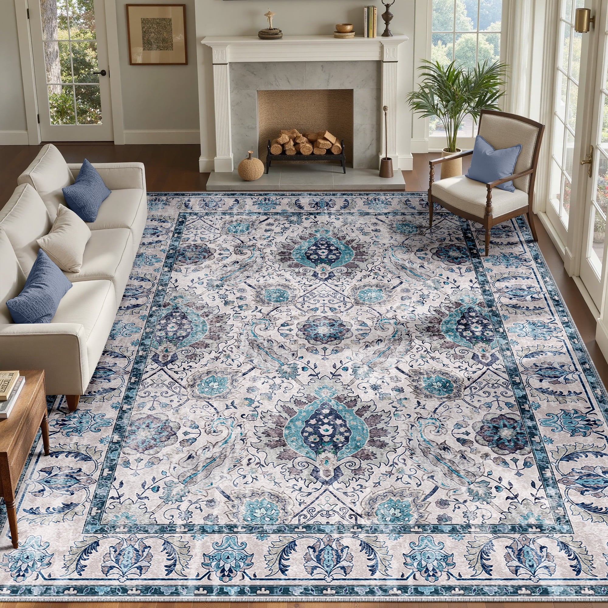 Boho Area Rug 9'x12', Machine Washable Non-Slip Vintage Bohemian Carpet, Indoor Soft Stain Resistant Low Pile Rug for Living Room, Turquoise