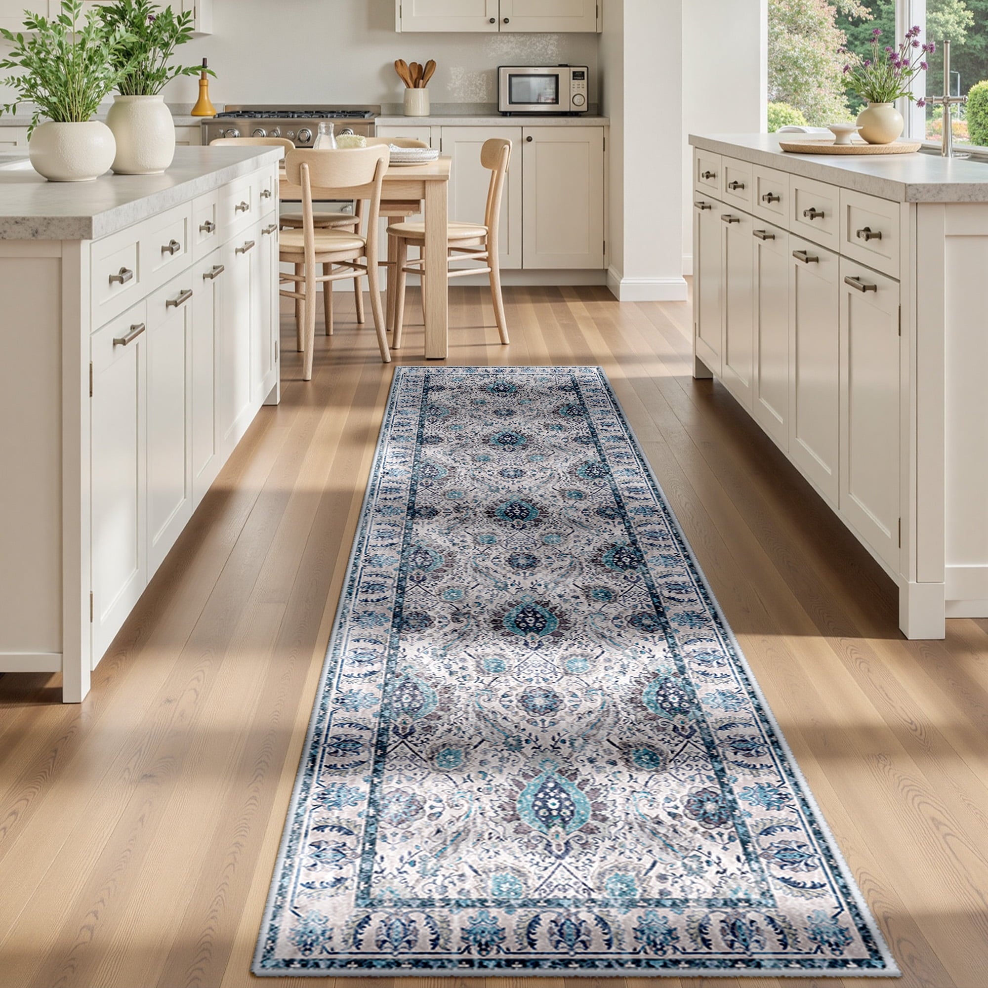 Boho Runner Rug 2'x10', Machine Washable Non-Slip Vintage Bohemian Carpet, Indoor Soft Stain Resistant Low Pile Rug for Hallway, Turquoise