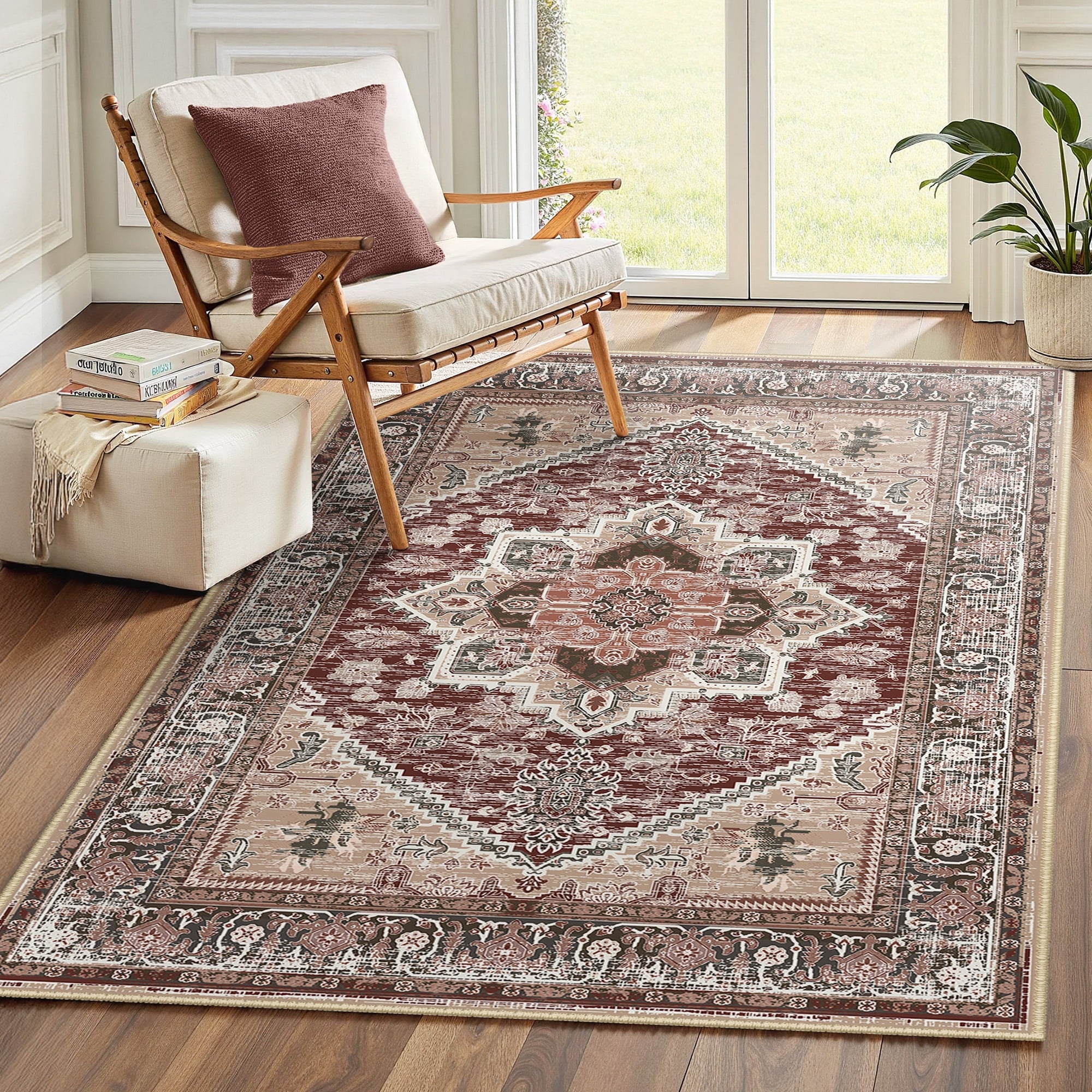 Area Rug 3'x5' Washable, Non Slip Stain Resistant Low Pile Soft Carpet, Vintage Print Pattern Rug for Living Room, Burgundy