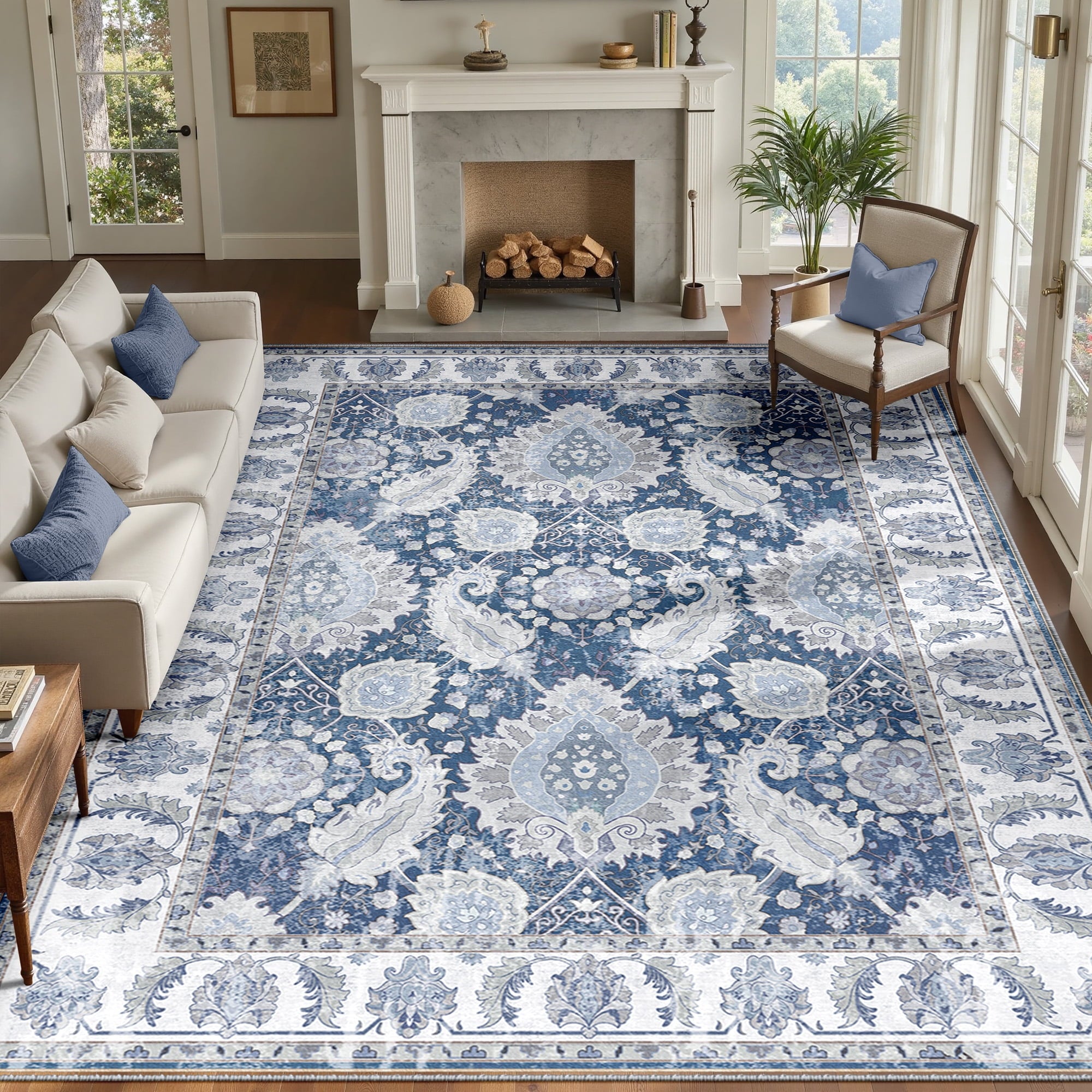 Boho Area Rug 9'x12', Machine Washable Non-Slip Vintage Bohemian Carpet, Indoor Soft Stain Resistant Low Pile Rug for Living Room, Navy Blue