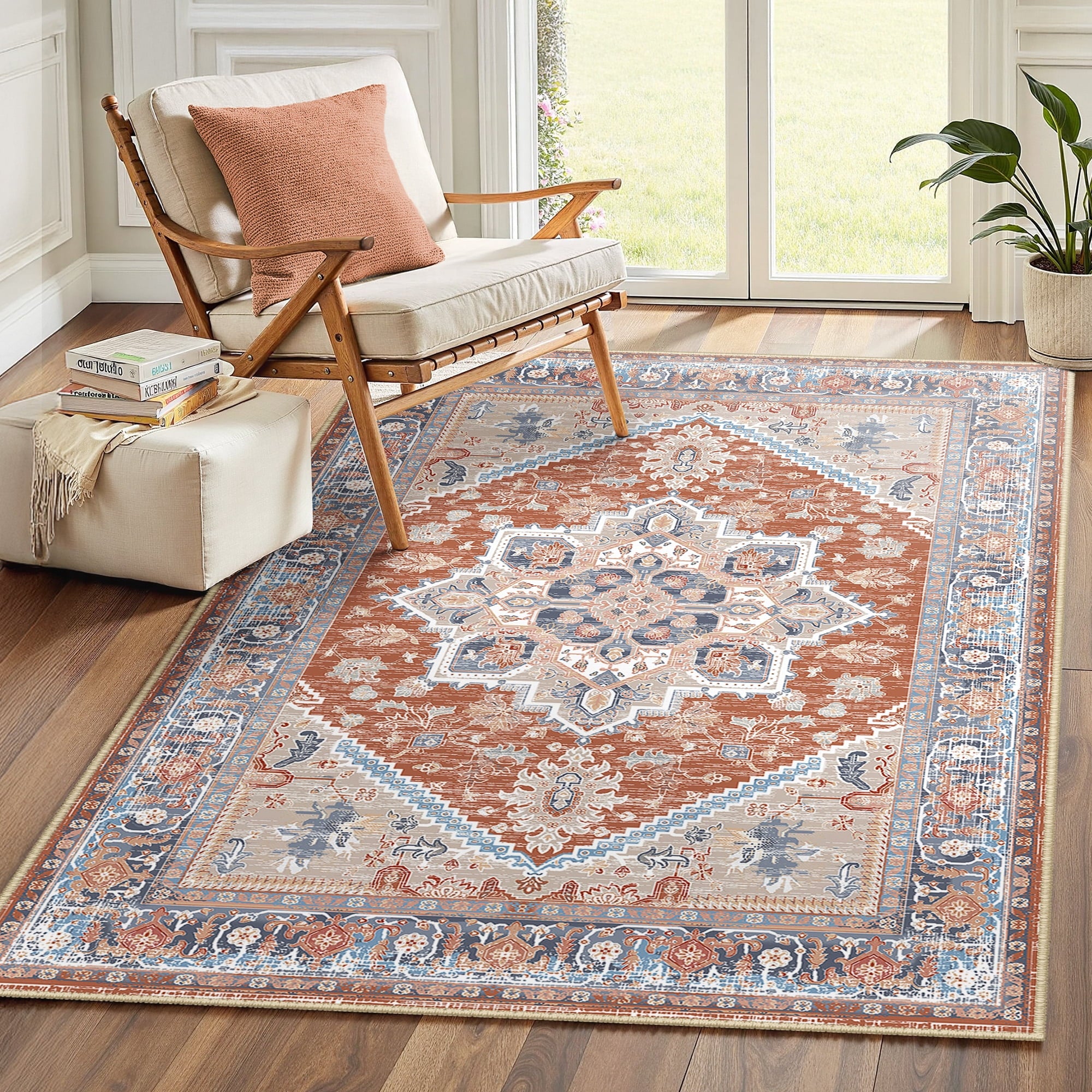 Area Rug 3'x5' Washable, Non Slip Stain Resistant Low Pile Soft Carpet, Vintage Print Pattern Rug for Living Room, Brick