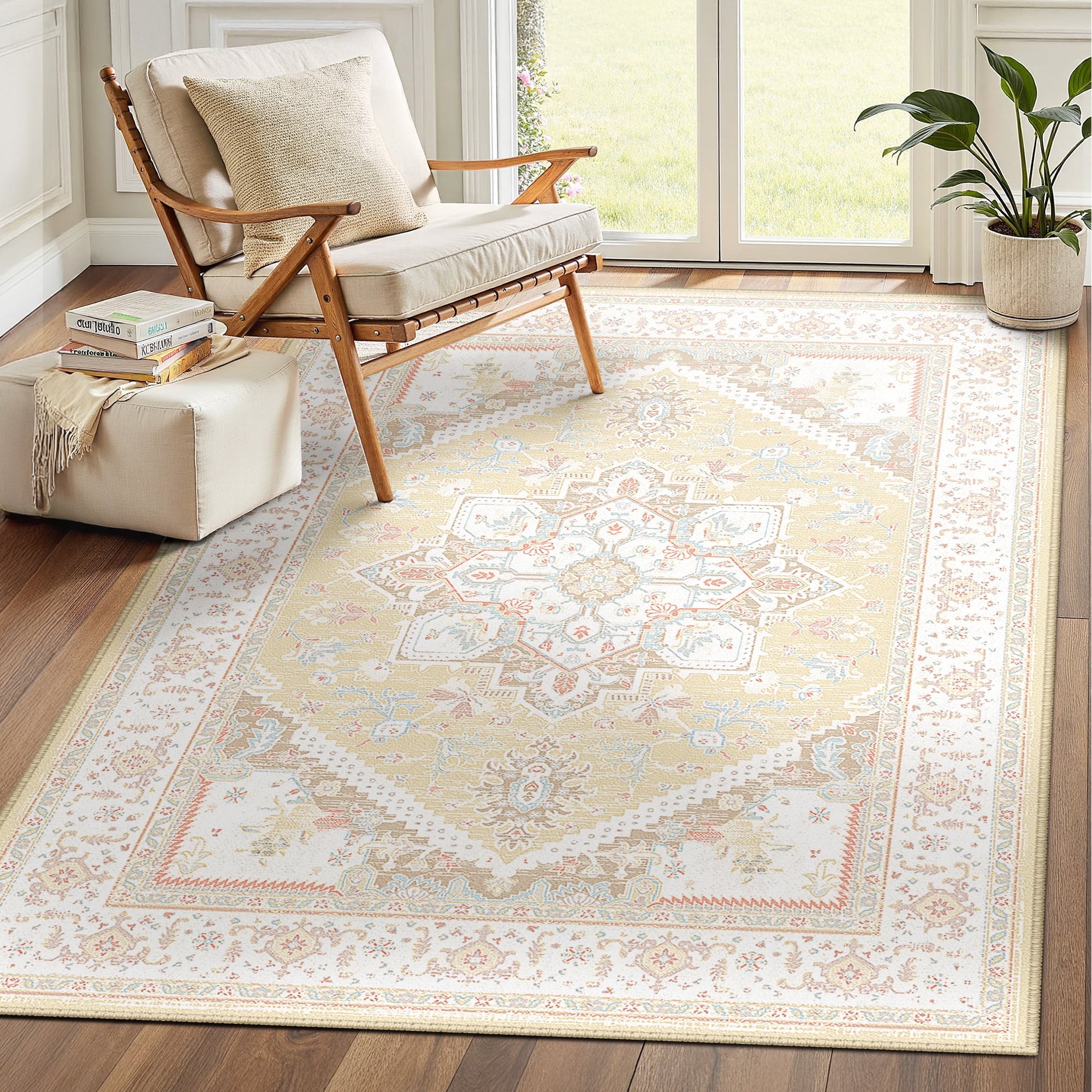Area Rug 4'x6' Washable, Non Slip Stain Resistant Low Pile Soft Carpet, Vintage Print Pattern Rug for Living Room, Cream