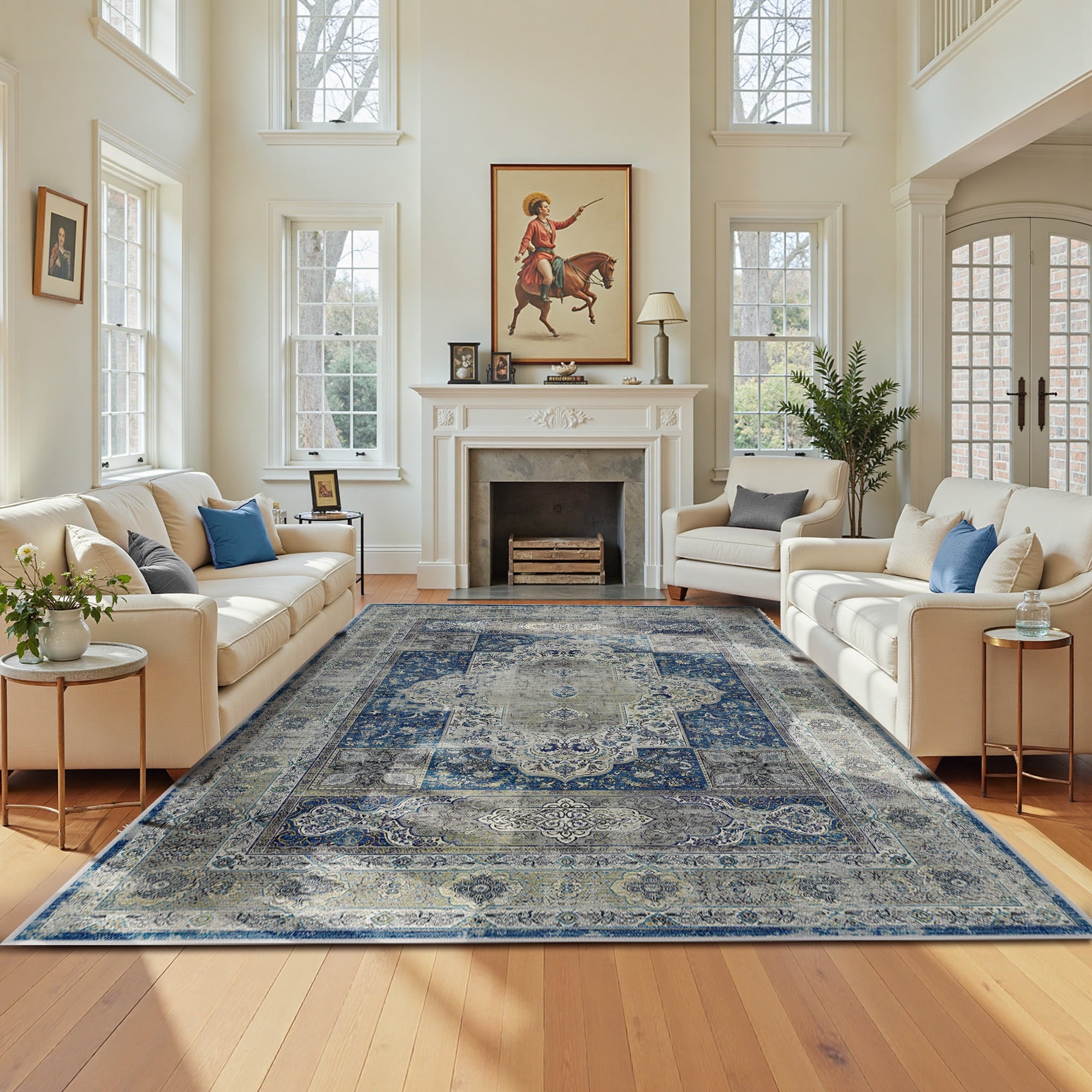 6'x9' Area Rugs for Living Room, Machine Washable No-Pile Non-Slip Soft Vintage Rugs, Indoor Print Bohemian Distressed Carpet, Blue