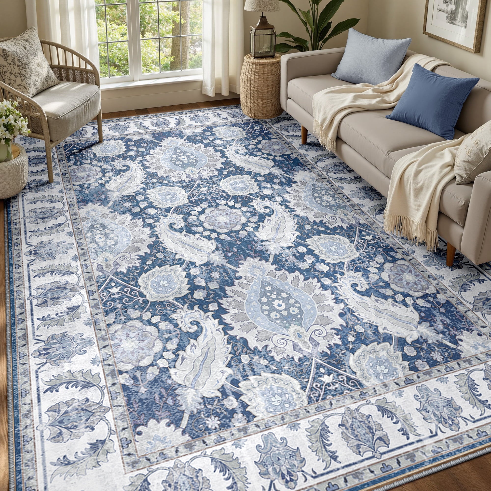 Boho Area Rug 6'x9', Machine Washable Non-Slip Vintage Bohemian Carpet, Indoor Soft Stain Resistant Low Pile Rug for Living Room, Navy Blue