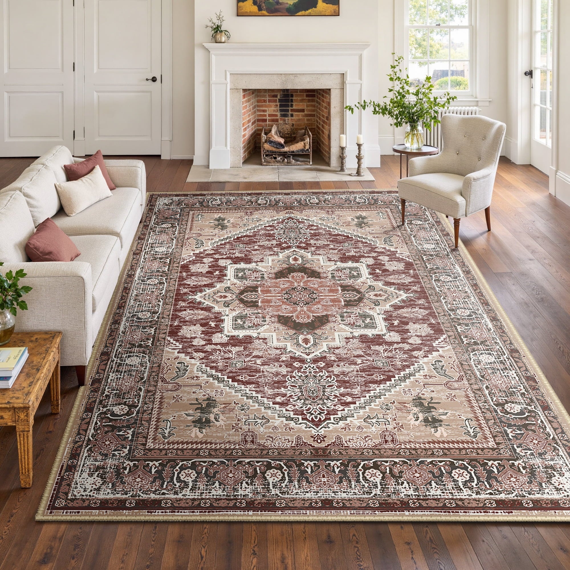 Area Rug 8'x10' Washable, Non Slip Stain Resistant Low Pile Soft Carpet, Vintage Print Pattern Rug for Living Room, Burgundy