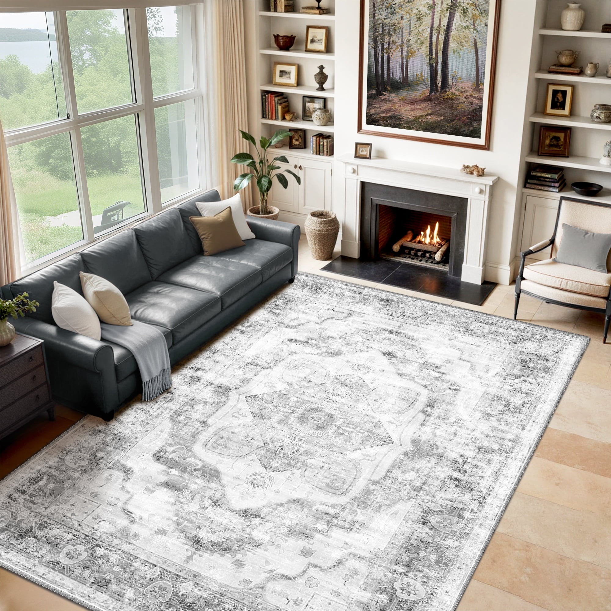 9'x12' Area Rug, Machine Washable Vintage Tribal Low Pile Indoor Carpet, Stain Resistant Non-Slip No-Shedding Soft Area Rugs for Living Room, Gray & Black