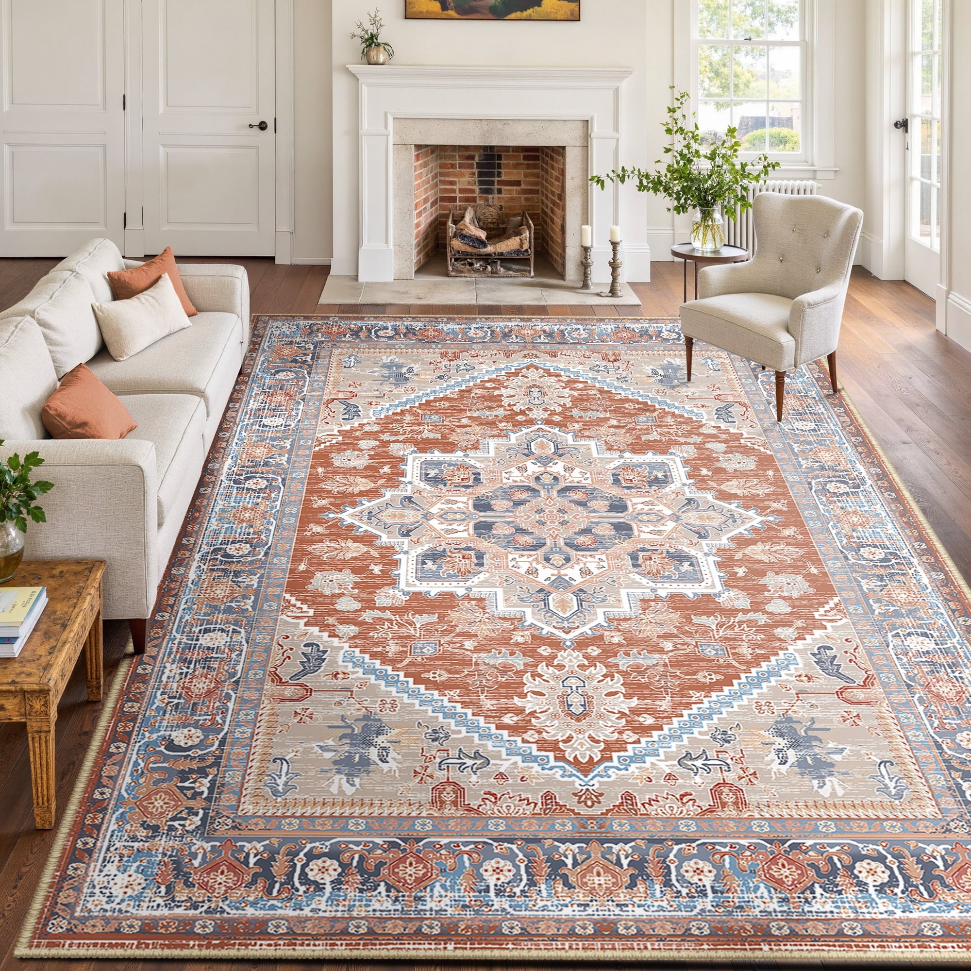 Area Rug 9'x12' Washable, Non Slip Stain Resistant Low Pile Soft Carpet, Vintage Print Pattern Rug for Living Room, Brick