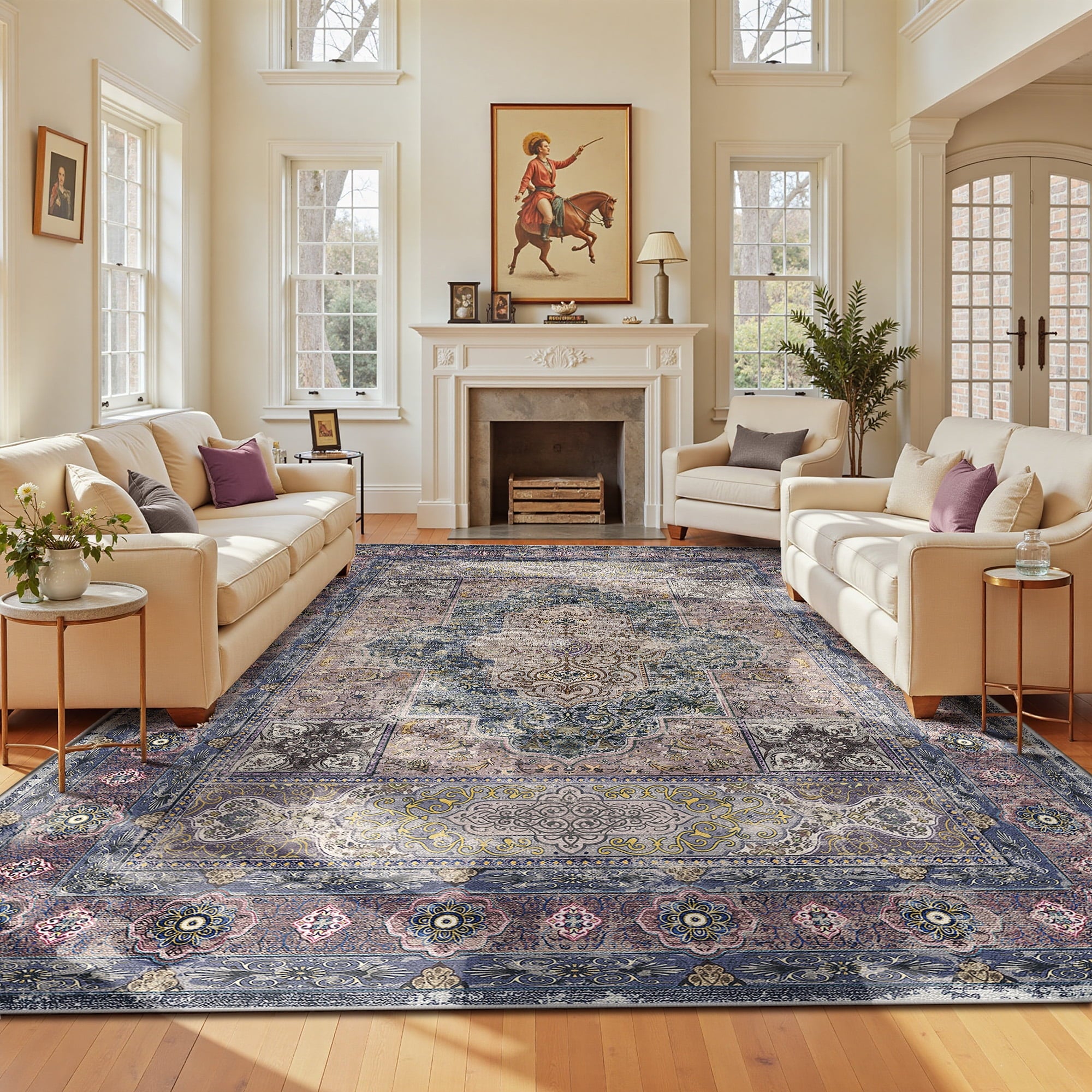 9'x12' Area Rugs for Living Room, Machine Washable No-Pile Non-Slip Soft Vintage Rugs, Indoor Print Bohemian Distressed Carpet, Purple