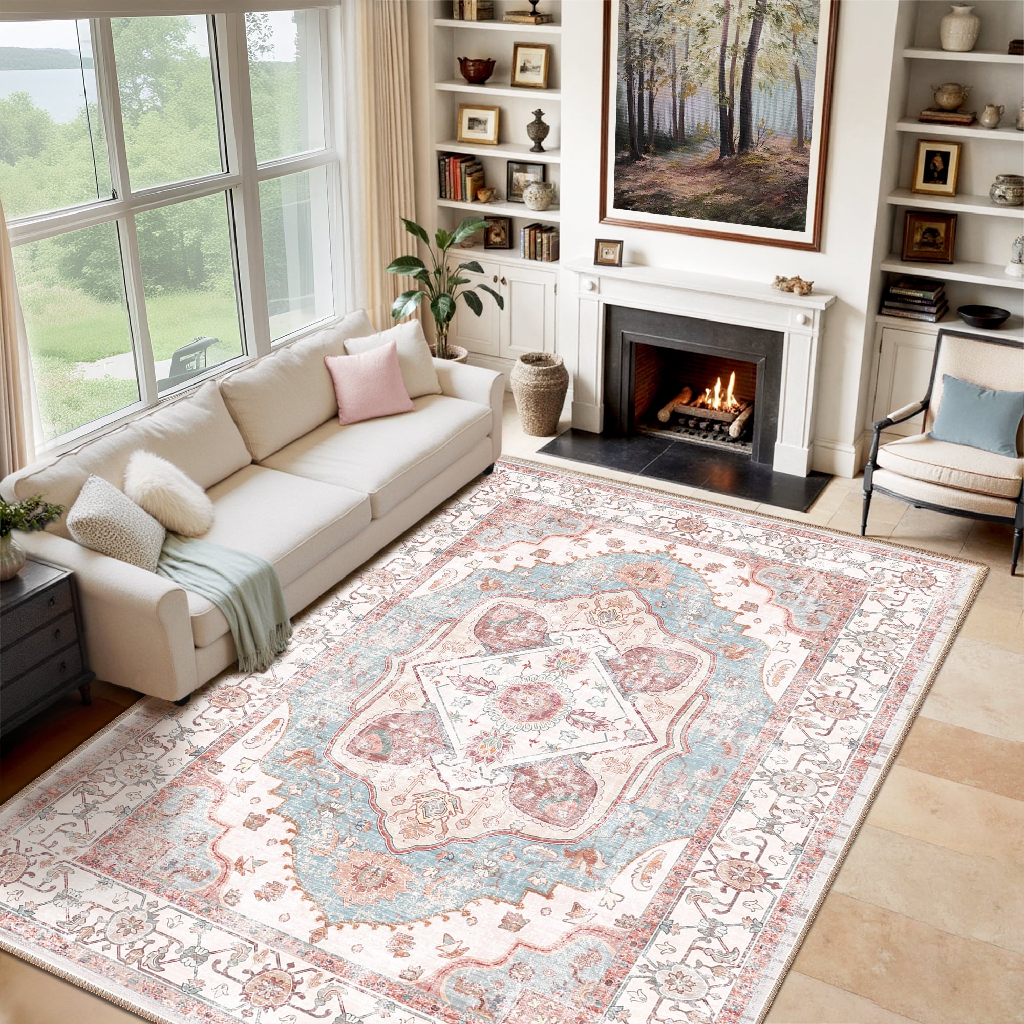 9'x12' Area Rug, Machine Washable Vintage Tribal Low Pile Indoor Carpet, Stain Resistant Non-Slip No-Shedding Soft Area Rugs for Living Room, Pink