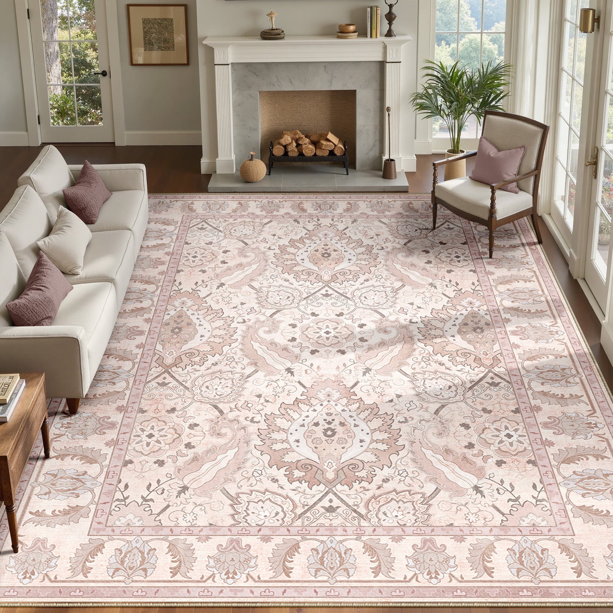 Boho Area Rug 9'x12', Machine Washable Non-Slip Vintage Bohemian Carpet, Indoor Soft Stain Resistant Low Pile Rug for Living Room, Pink