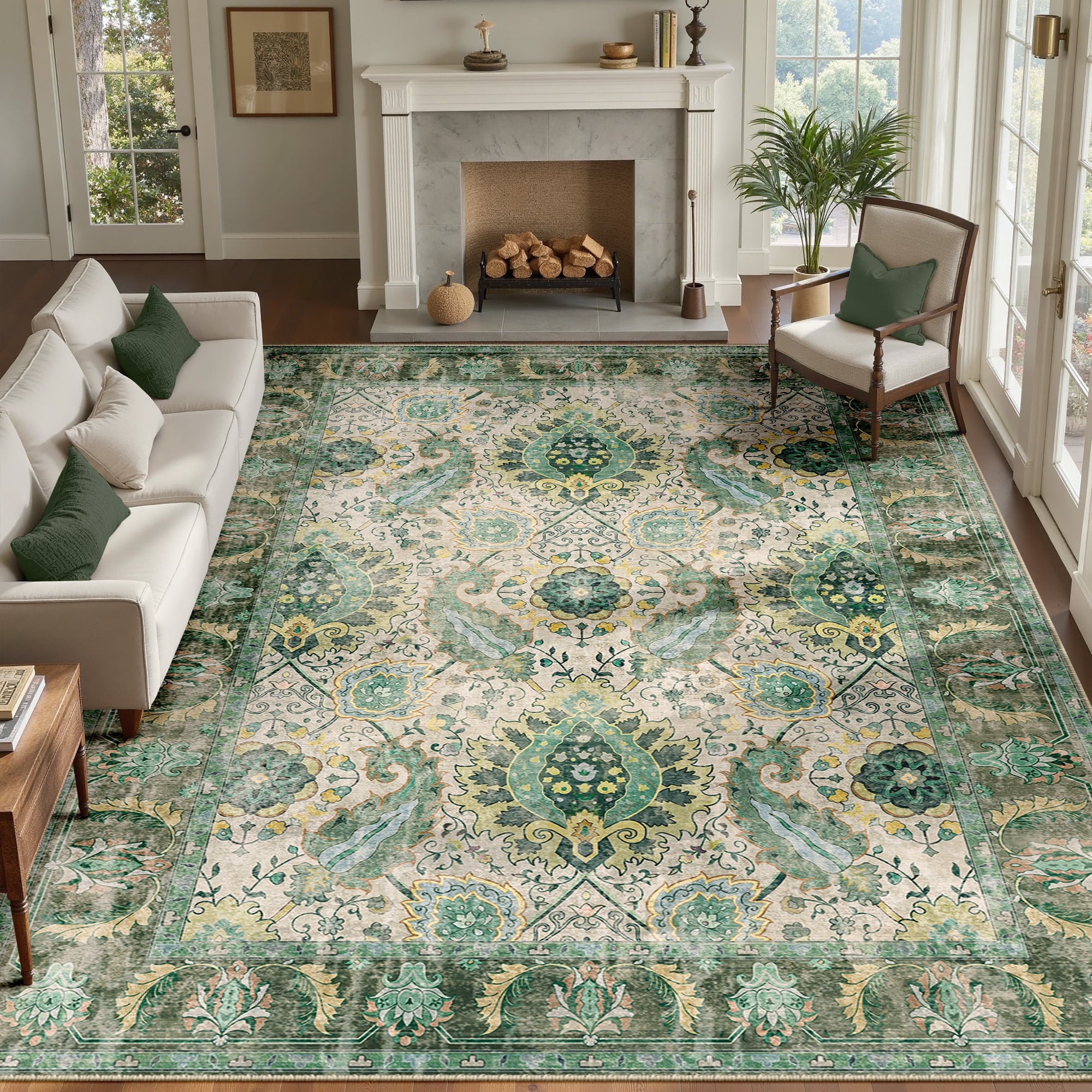 Boho Area Rug 9'x12', Machine Washable Non-Slip Vintage Bohemian Carpet, Indoor Soft Stain Resistant Low Pile Rug for Living Room, Light Green