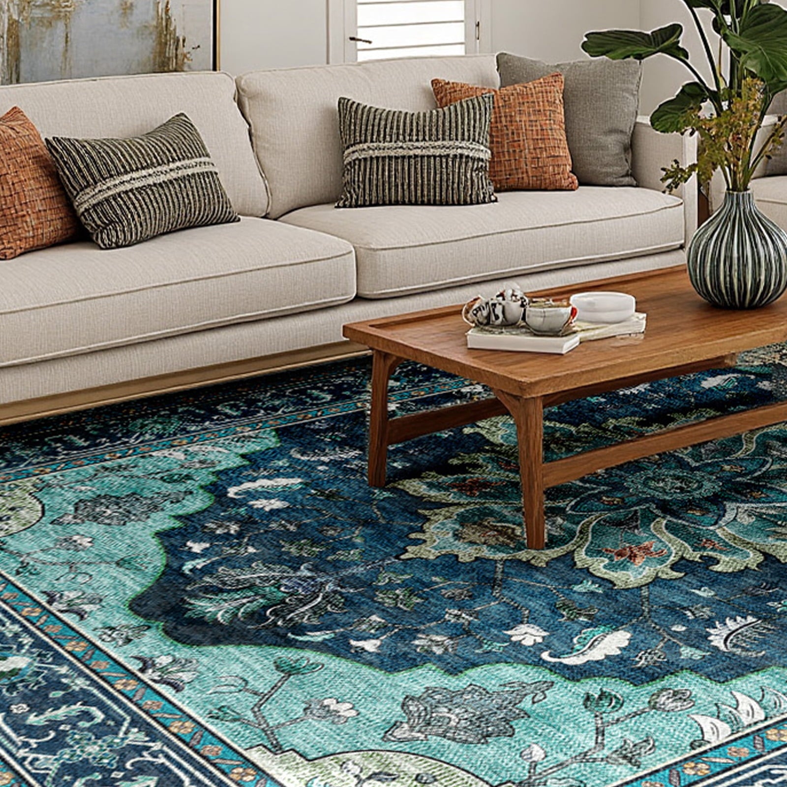 NewBuros Runner Rugs 2'x6', Machine Washable Non-Slip Rug for Hallway, Low Pile Floral Vintage Distress Print Pattern Medallion Carpet, Teal Green