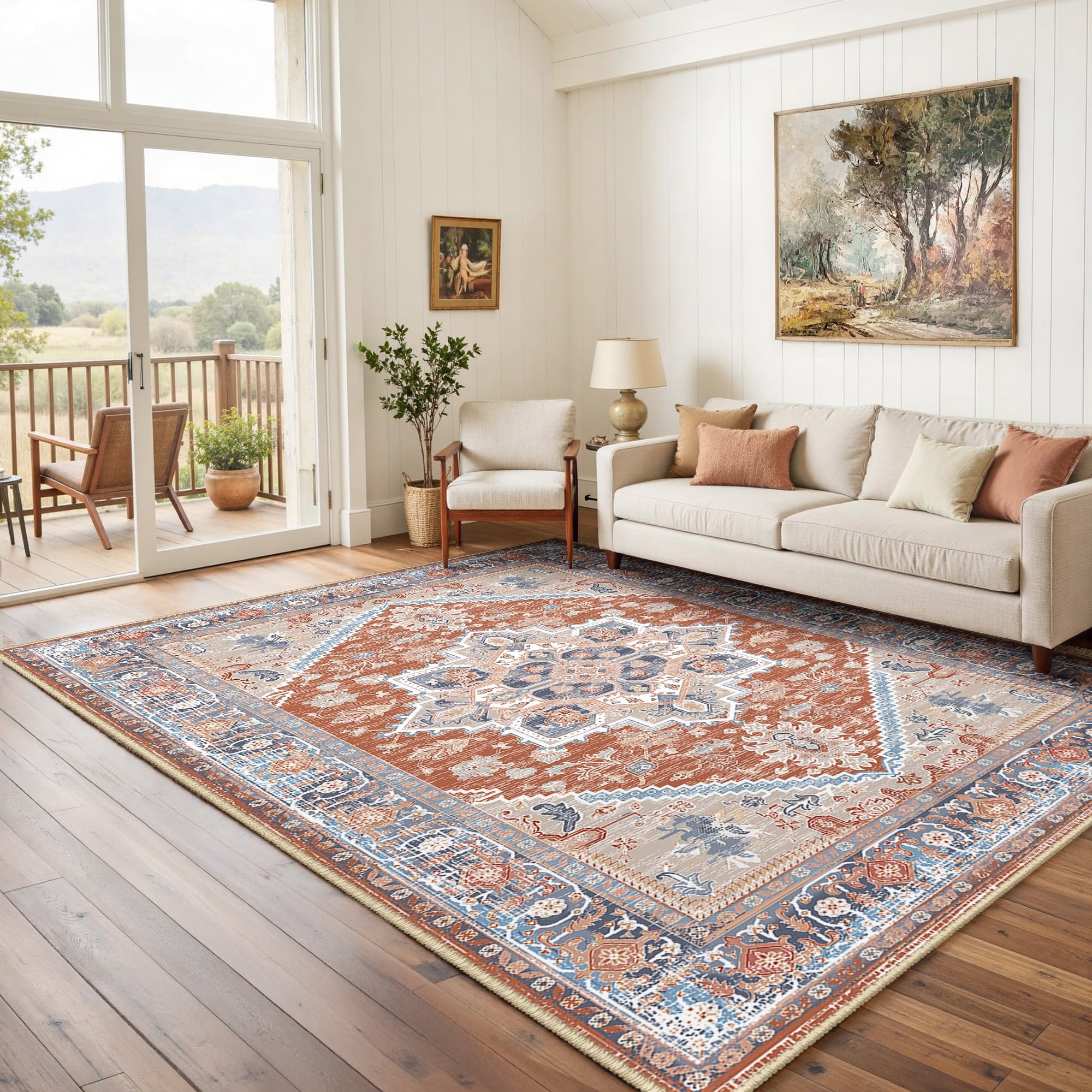 Area Rug 5'x7' Washable, Non Slip Stain Resistant Low Pile Soft Carpet, Vintage Print Pattern Rug for Living Room, Brick
