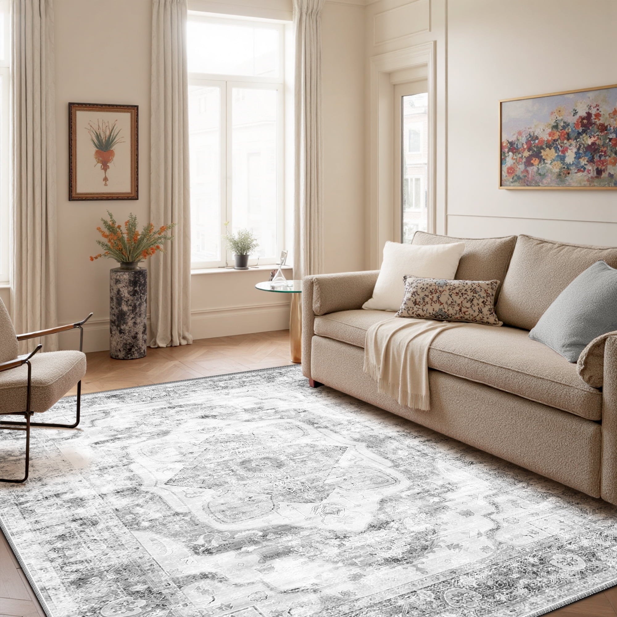 5'x7' Area Rug, Machine Washable Vintage Tribal Low Pile Indoor Carpet, Stain Resistant Non-Slip No-Shedding Soft Area Rugs for Living Room, Gray & Black