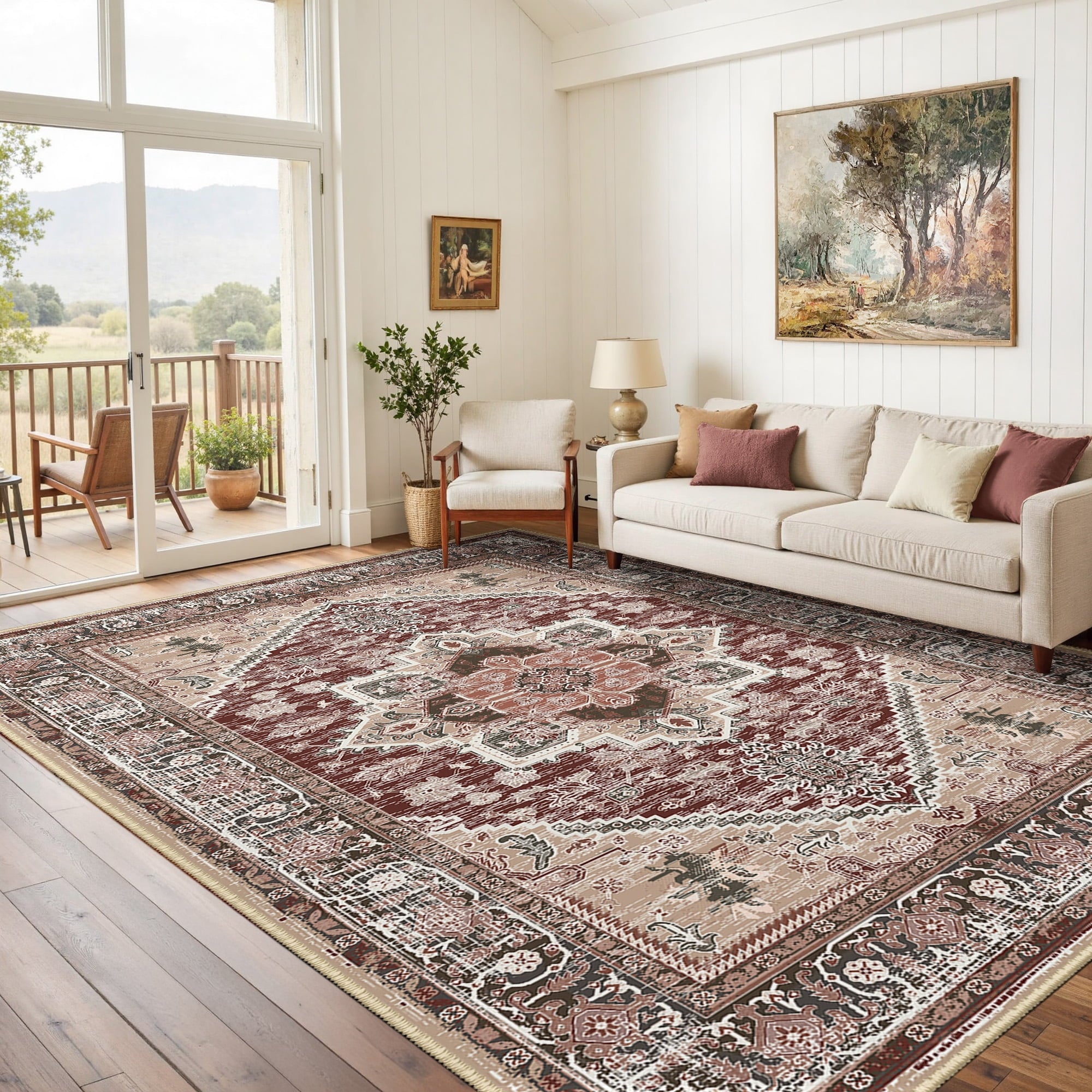 Area Rug 6'x9' Washable, Non Slip Stain Resistant Low Pile Soft Carpet, Vintage Print Pattern Rug for Living Room, Burgundy