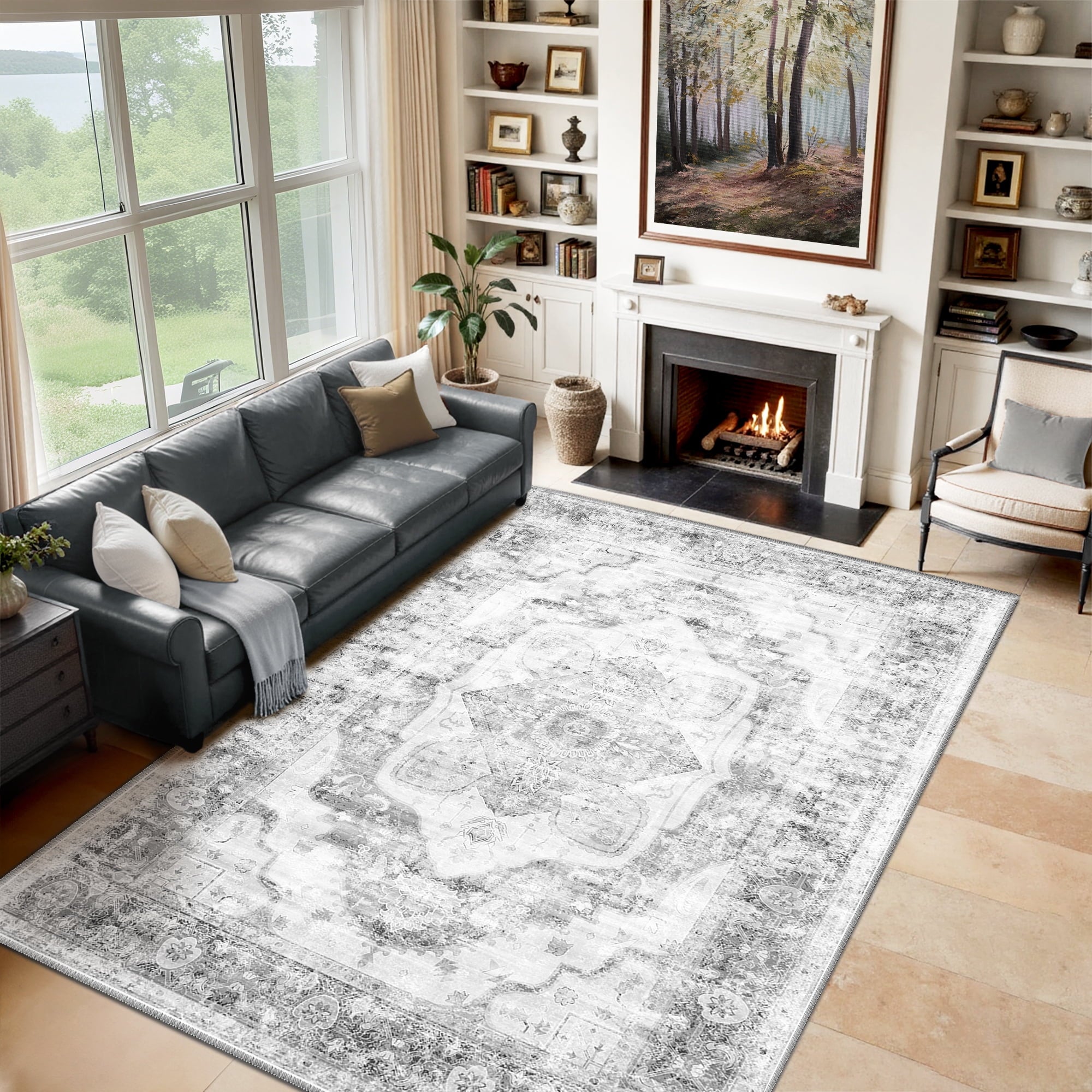 8'x10' Area Rug, Machine Washable Vintage Tribal Low Pile Indoor Carpet, Stain Resistant Non-Slip No-Shedding Soft Area Rugs for Living Room, Gray & Black