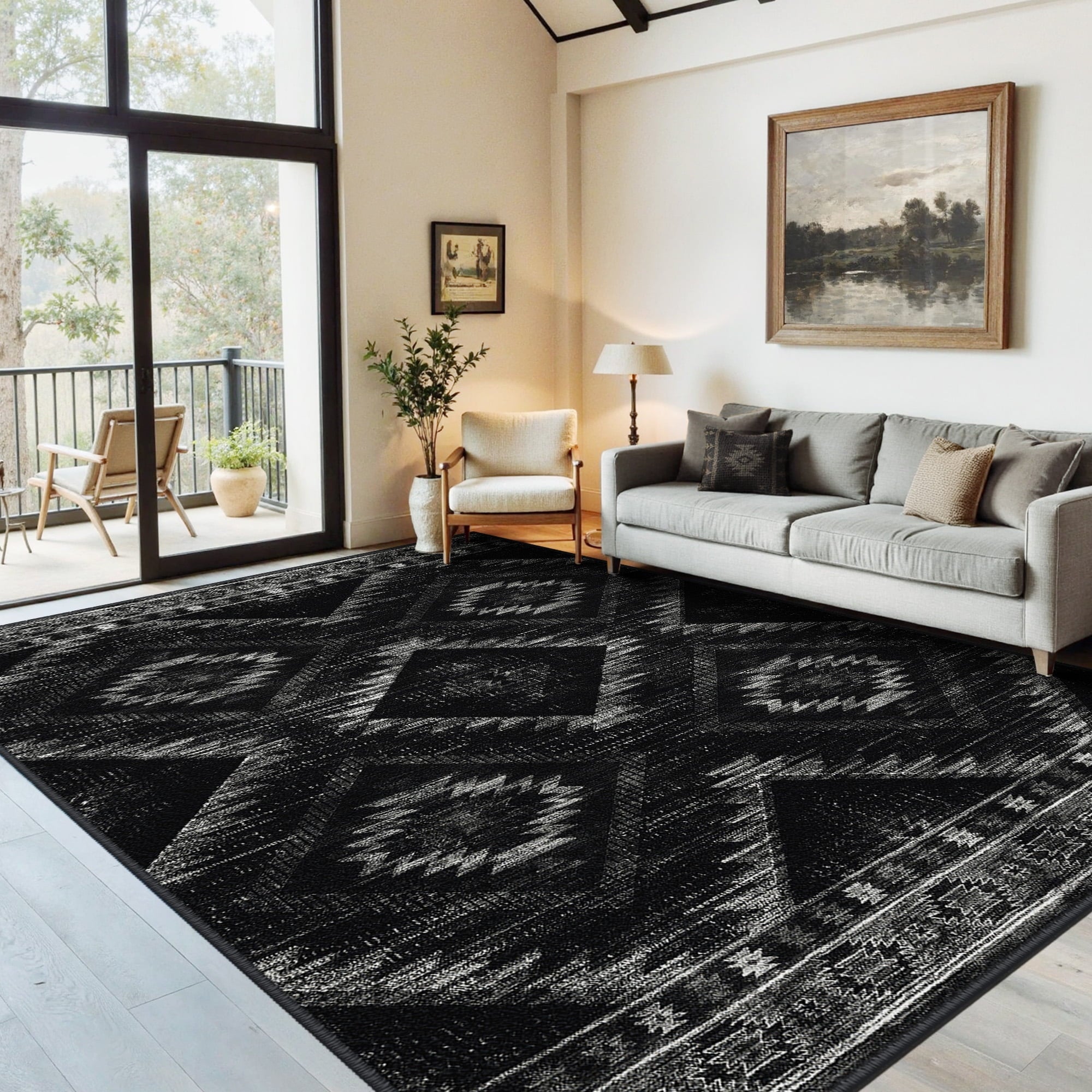 NewBuros 6'x9' Area Rugs for Living Room, Machine Washable Non-Slip Rugs, Low Pile Print Pattern Vintage Distressed Moroccan Western Carpet, Black