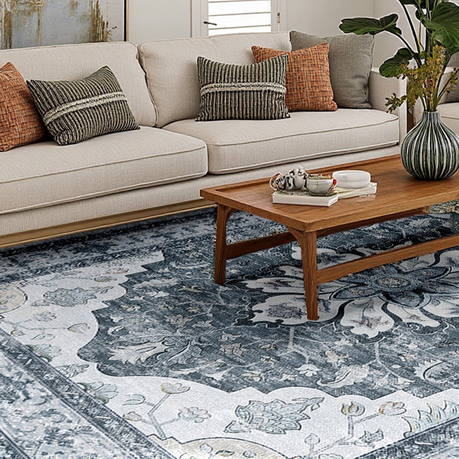 NewBuros Runner Rugs 2'x6', Machine Washable Non-Slip Rug for Hallway, Low Pile Floral Vintage Distress Print Pattern Medallion Carpet, Gray White