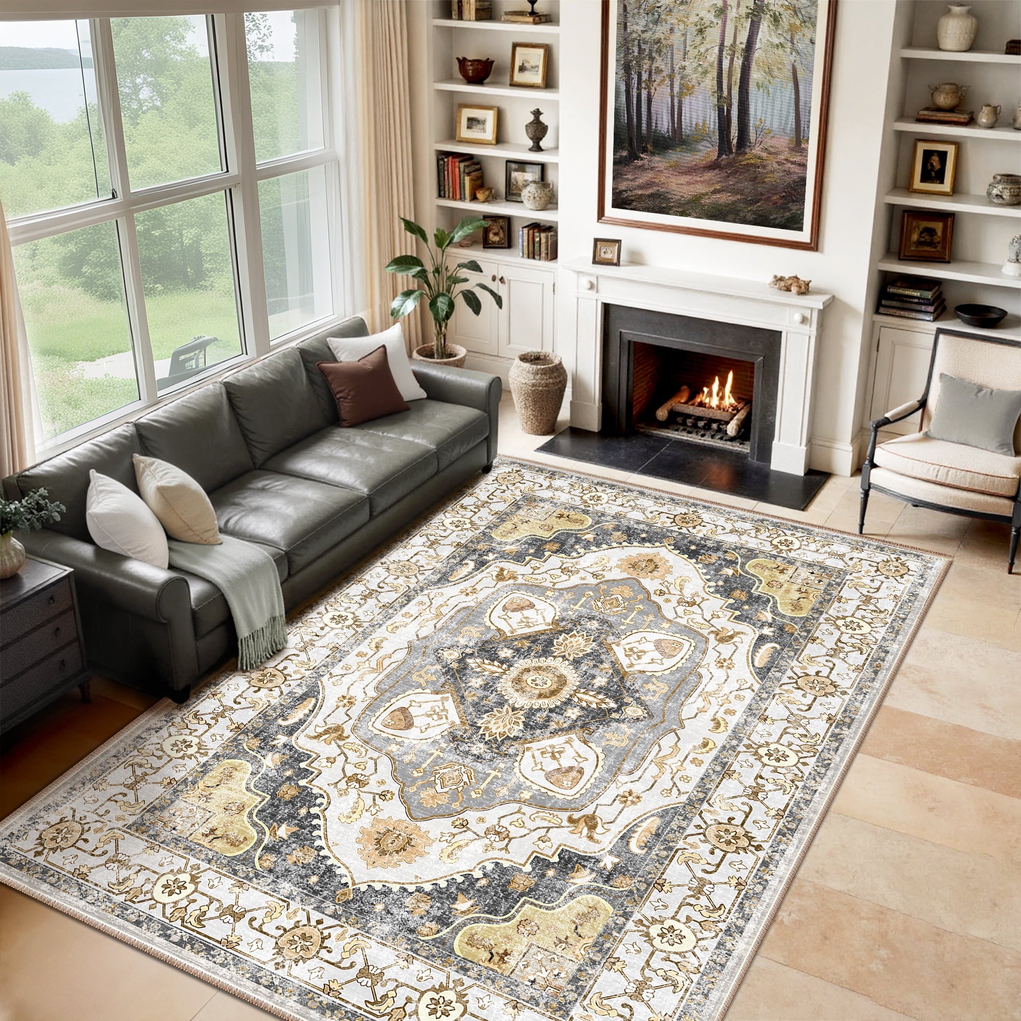 8'x10' Area Rug, Machine Washable Vintage Tribal Low Pile Indoor Carpet, Stain Resistant Non-Slip No-Shedding Soft Area Rugs for Living Room, Gray & Yellow